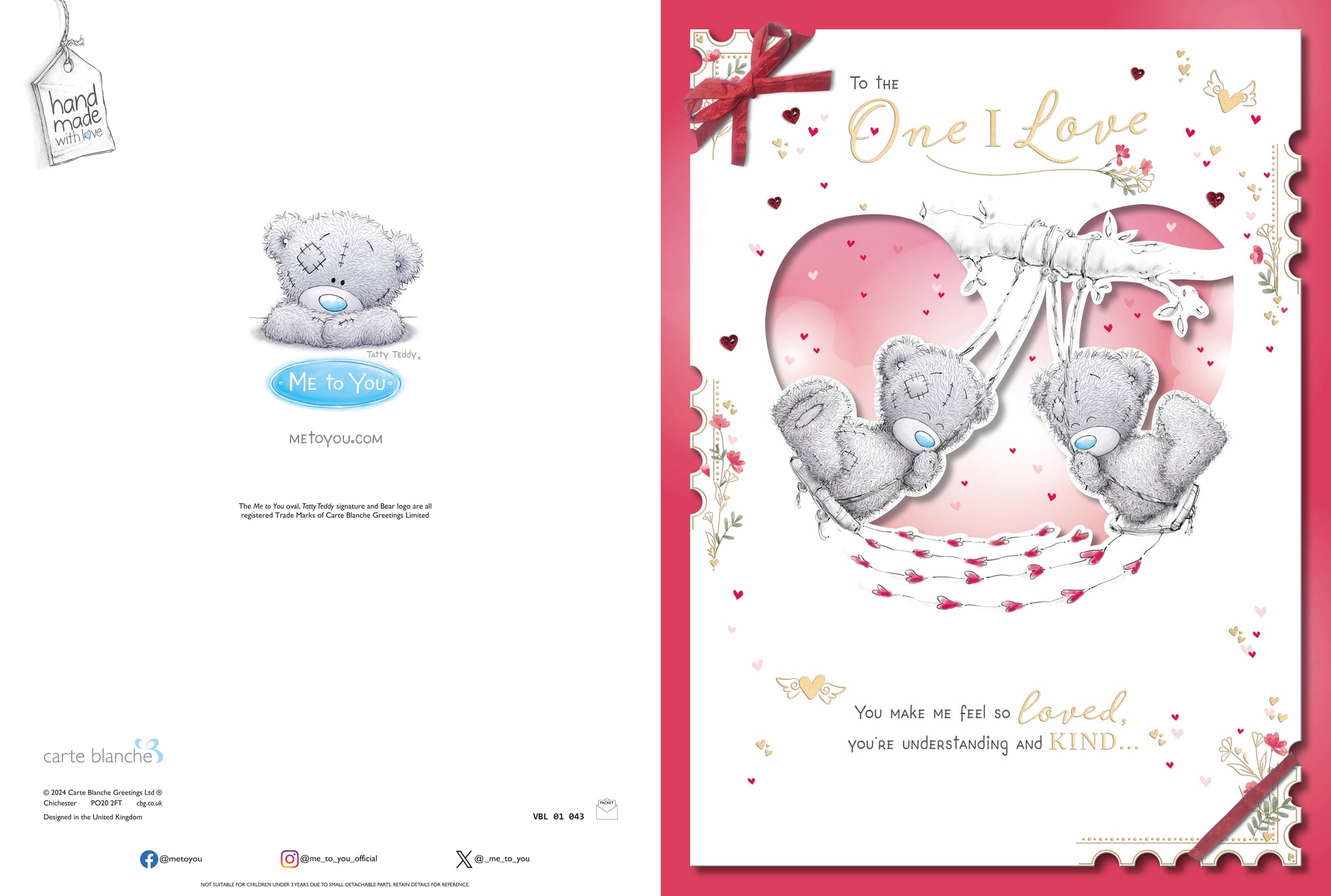 Me to You Tatty Teddy Luxury Boxed Handmade Valentine's Day Card To the One I Love, Bears On A Swing 12 x 9