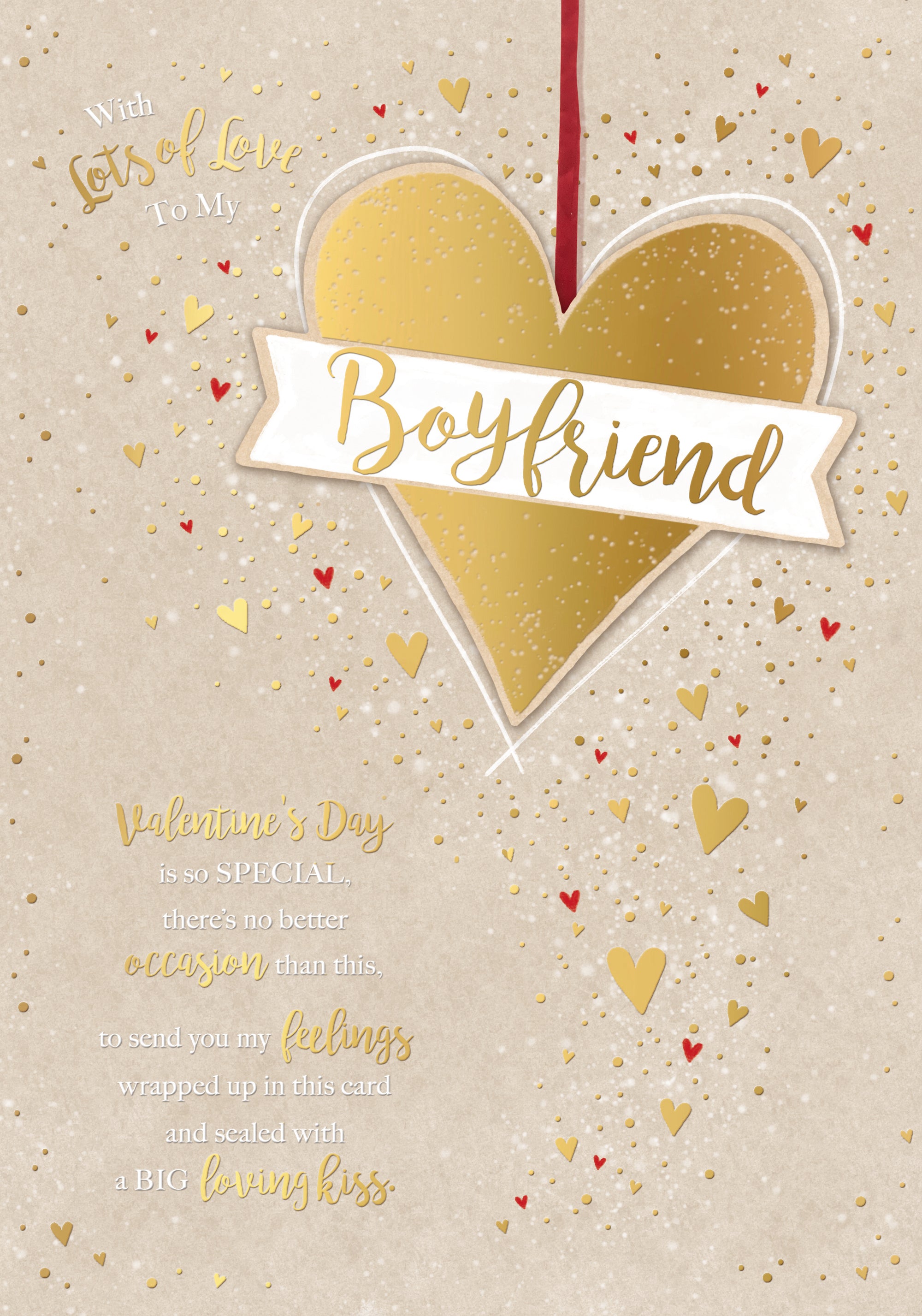 Luxury Handmade Valentine's Day Card 'To My Boyfriend' Gold Foil Love Hearts Design by Wishing Well Studios, 7 X 10 Inches