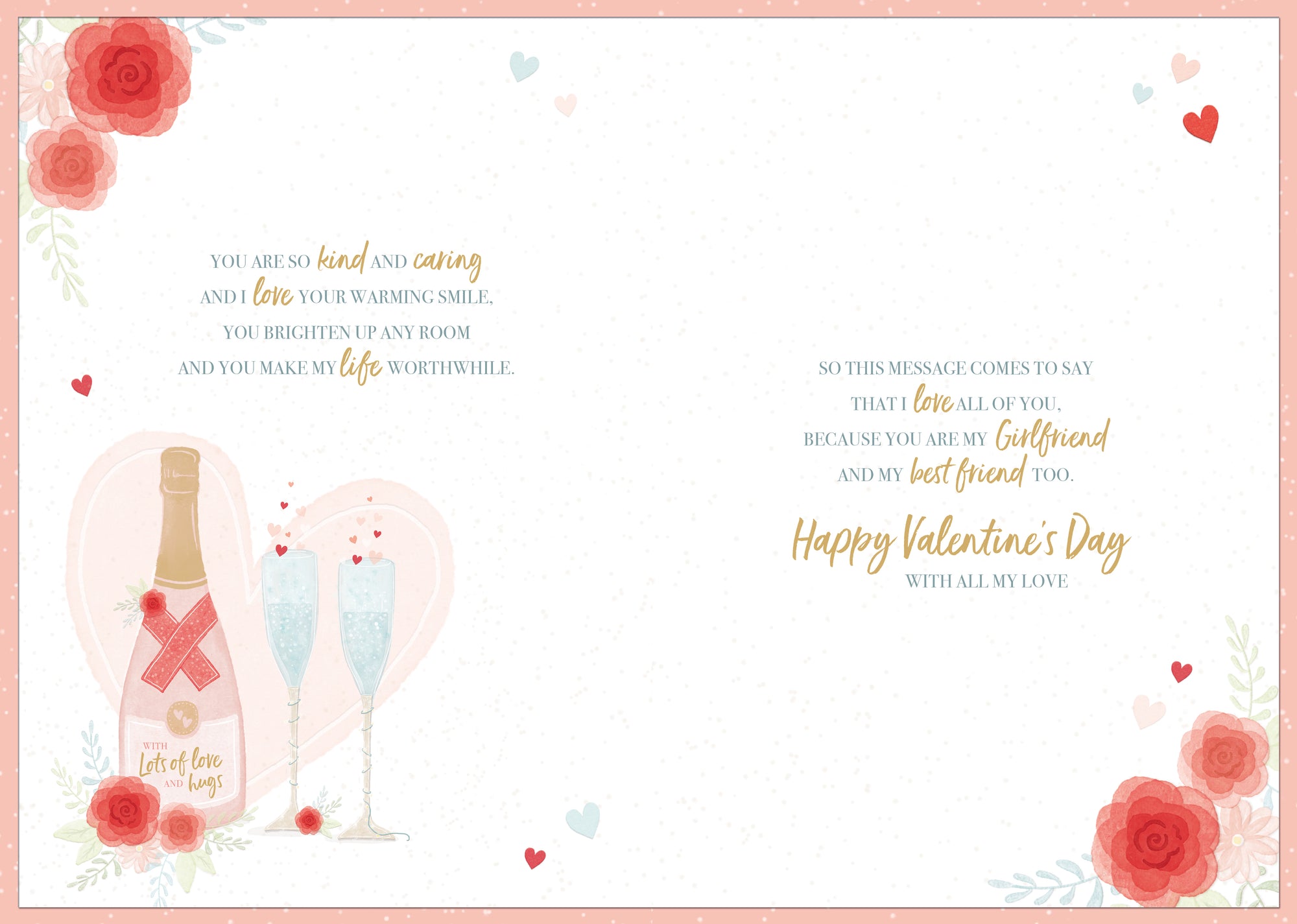 Luxury Handmade Valentine's Day Card 'To My Beautiful Girlfriend' Gold Foil Embossed Champagne And Flowers Design by Wishing Well Studios, 7 X 10 Inches