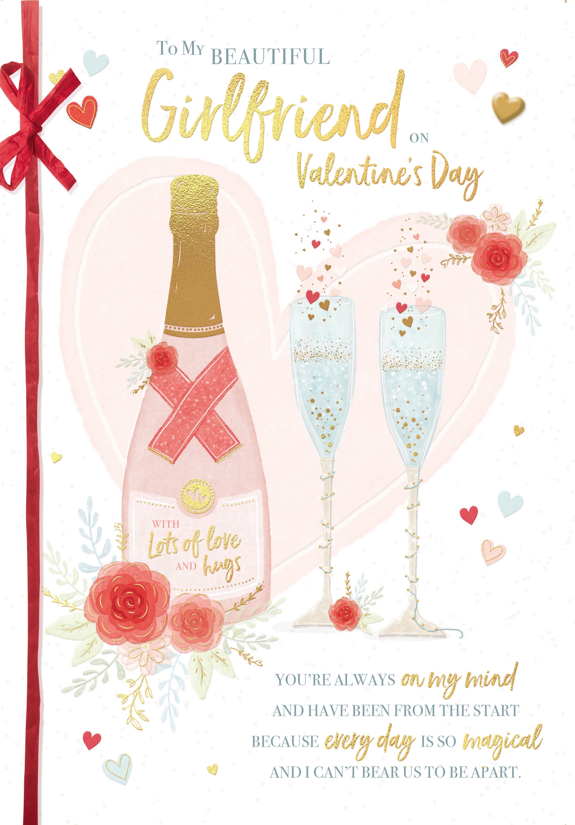Luxury Handmade Valentine's Day Card 'To My Beautiful Girlfriend' Gold Foil Embossed Champagne And Flowers Design by Wishing Well Studios, 7 X 10 Inches