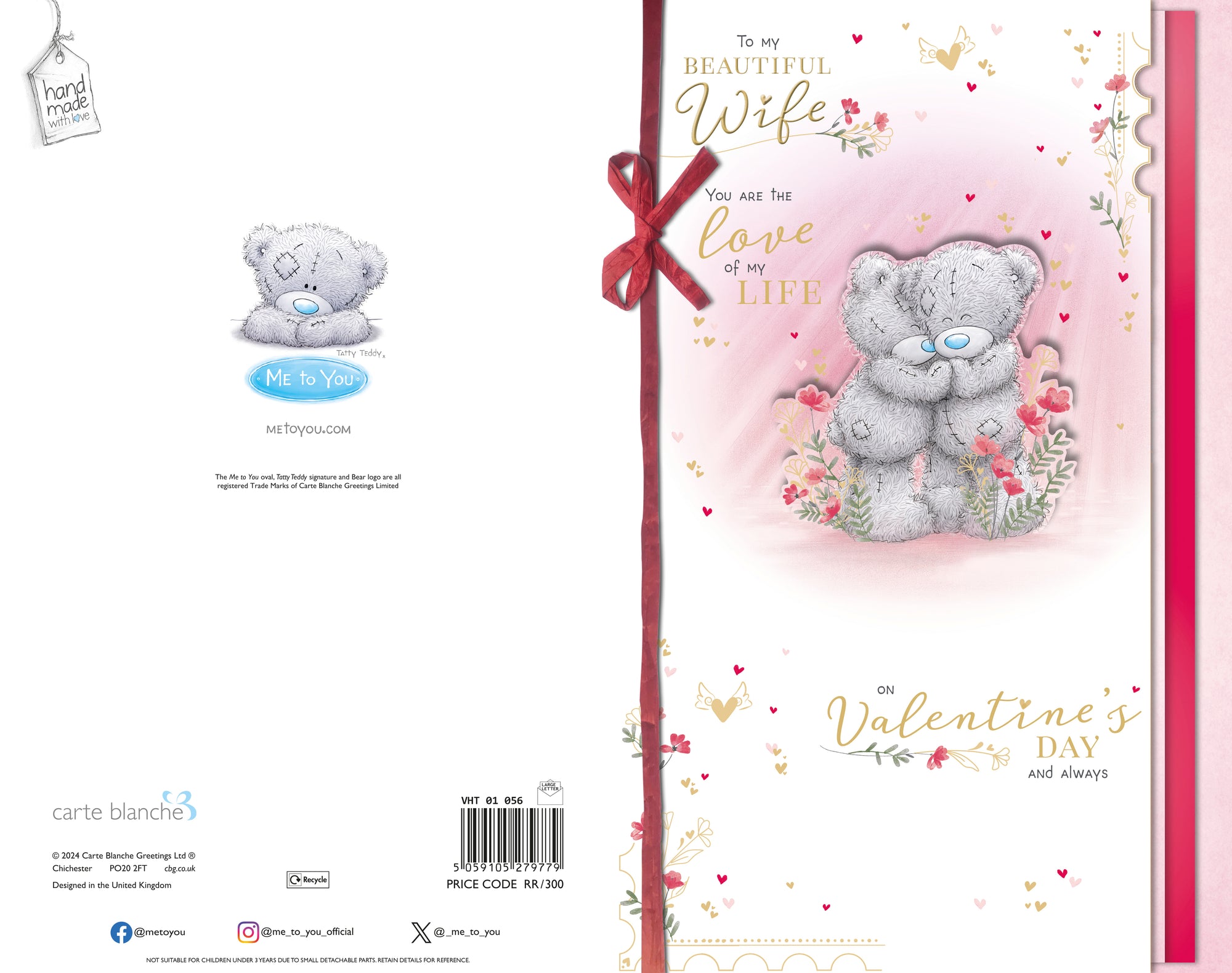 Me to You Tatty Teddy Hand Made Valentine's Day Card 'To my Beautiful Wife' 7 x 11