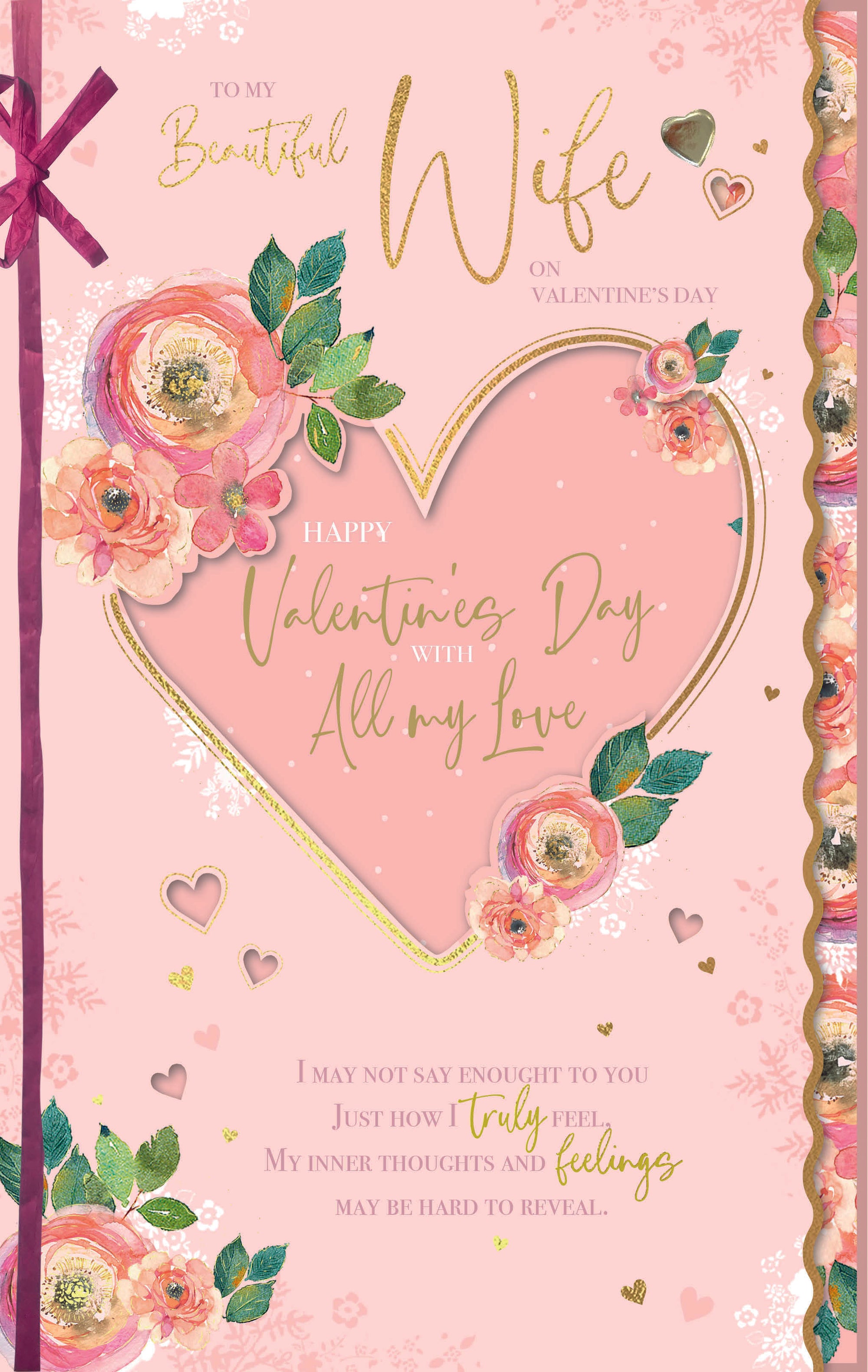 Luxury Handmade Valentine's Day Card 'To My Beautiful Wife' Heart And Flowers Design by Wishing Well Studios, 7 X 11 Inches