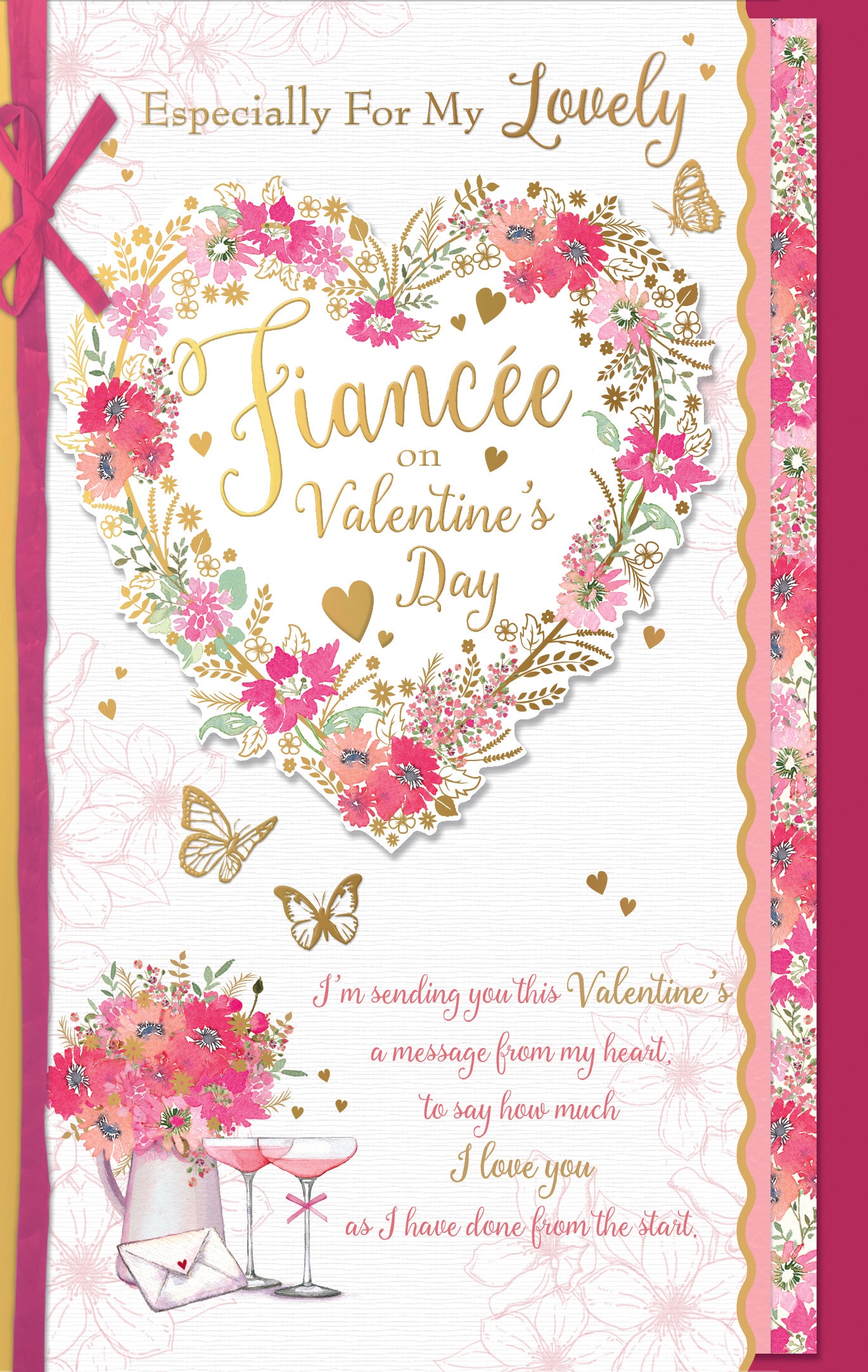 Luxury Handmade Valentine's Day Card 'For My Lovely Fiancee' Gold Foil Floral Heart 3-D Effect Design by Wishing Well Studios, 7 X 11 Inches