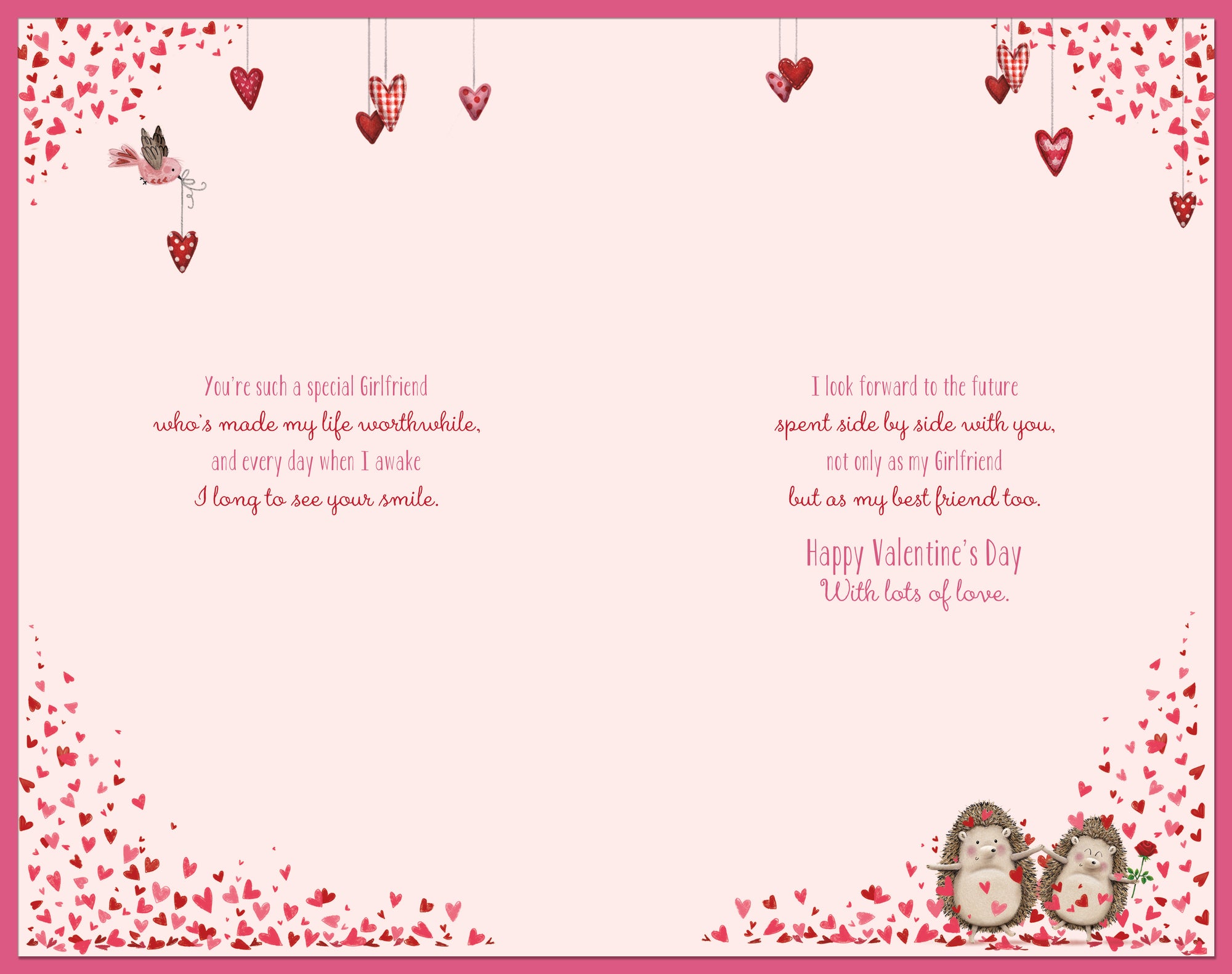 Luxury Handmade Valentine's Day Card 'For My Lovely Girlfriend' 3-D Effect Hedgehogs With Roses Design by Wishing Well Studios, 7 X 11 Inches