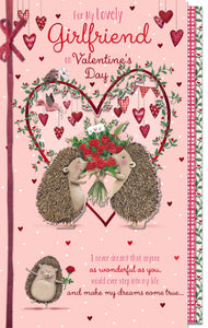 Luxury Handmade Valentine's Day Card 'For My Lovely Girlfriend' 3-D Effect Hedgehogs With Roses Design by Wishing Well Studios, 7 X 11 Inches
