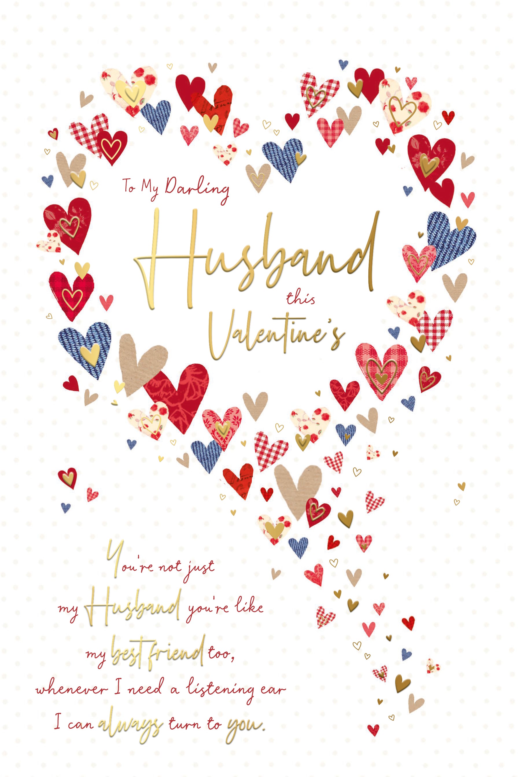 Luxury Valentine's Day Card 'To My Darling Husband' Lovehearts Design With Gold Foil Finish by Wishing Well Studios, 6 X 9 Inches