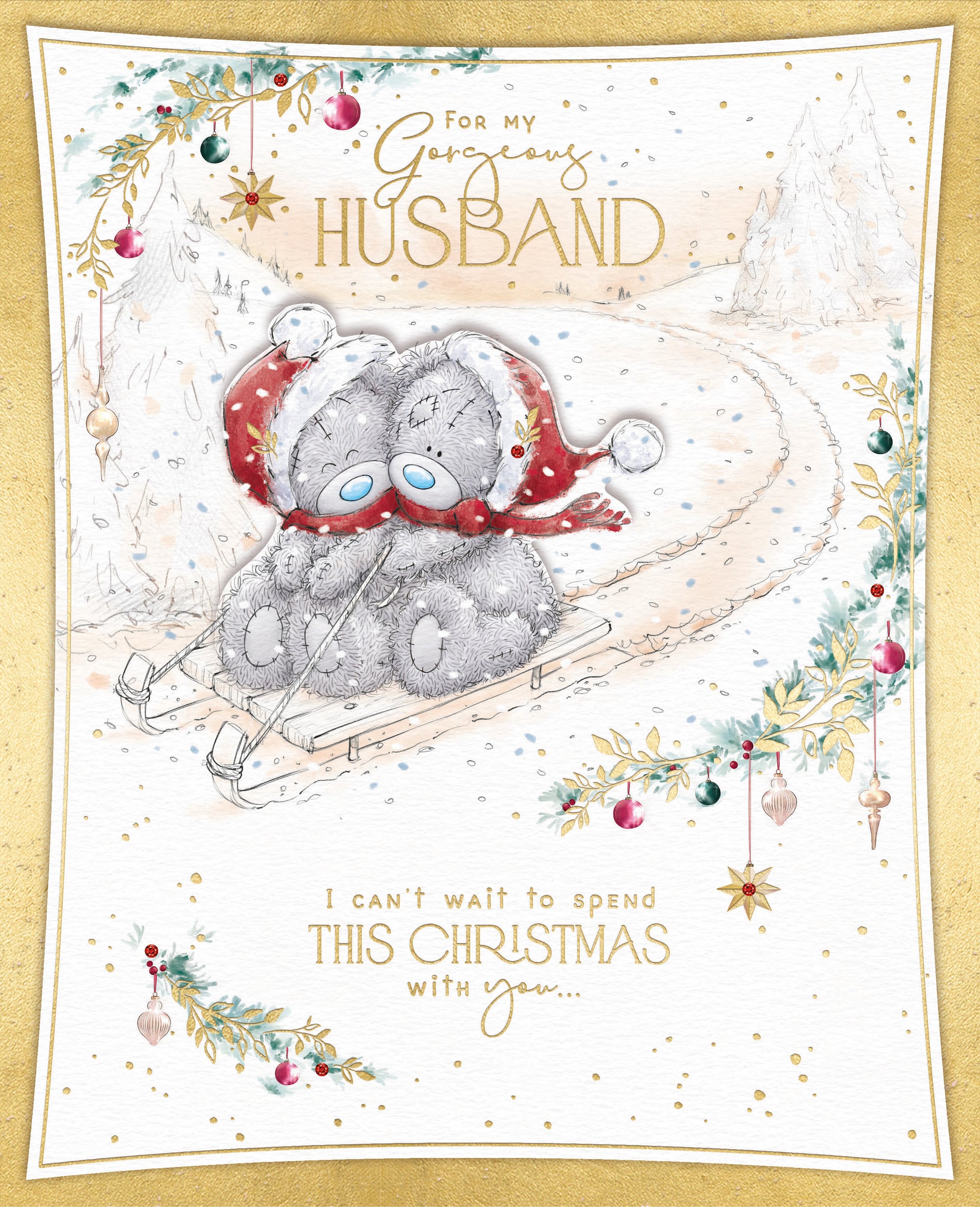 Me To You Boxed Christmas Card For A Wonderful Husband, Tatty Teddy Bears On A Sledge in the Snow 8 X 10 Inches - Official Collection