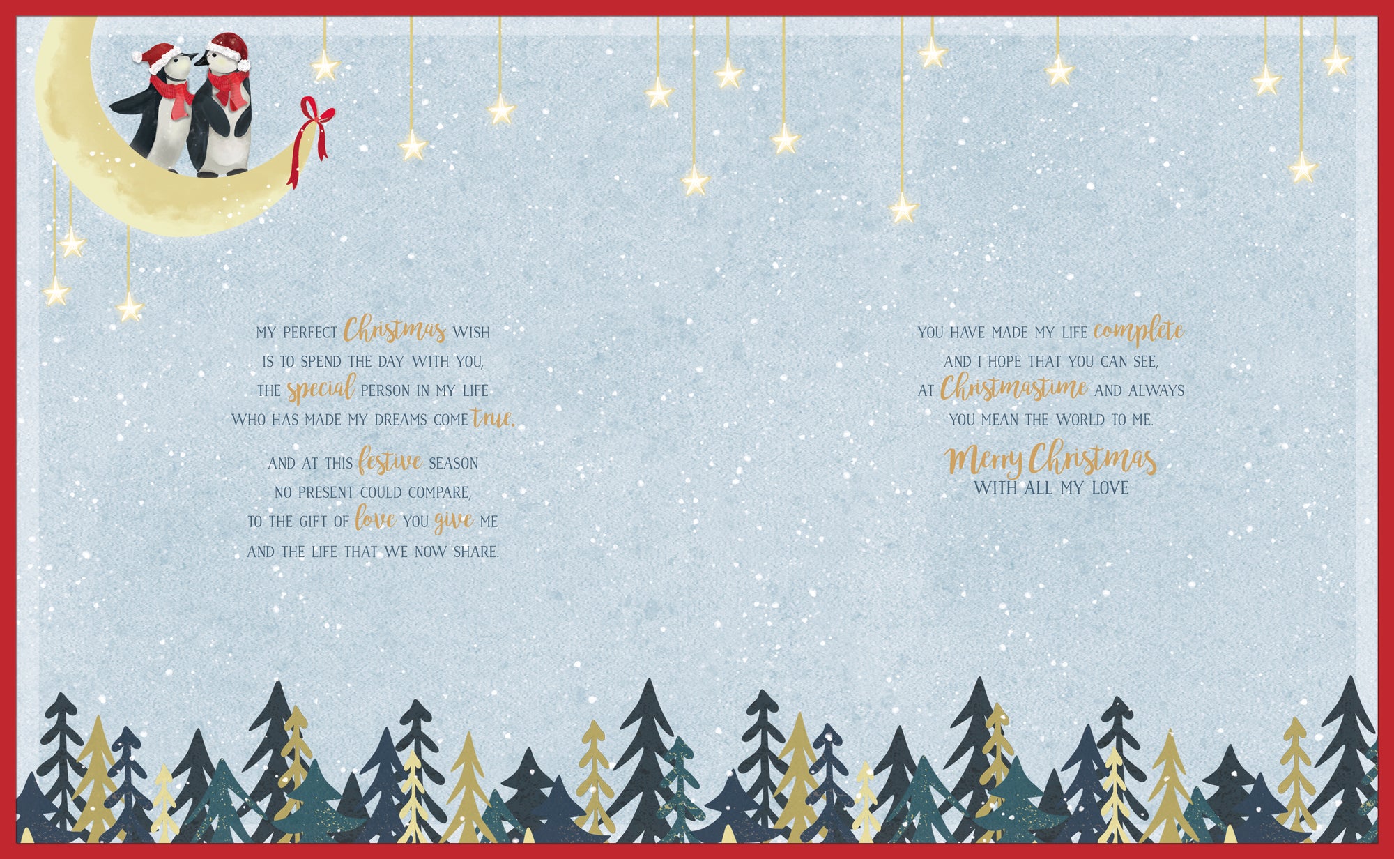 Luxury Boxed Handmade Christmas Card 'To The One I Love', With Penguins Standing On The Moon Under a Starry Night Sky - Wishing Well Studios Christmas Card 20.3 x 25 cm