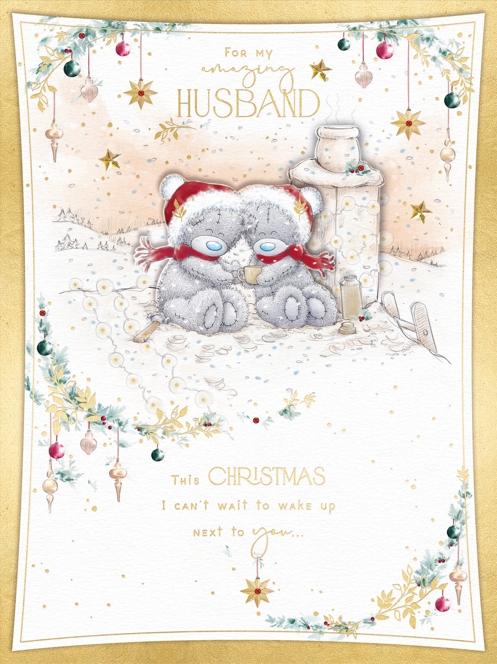 Me To You Luxury Boxed Christmas Card For A Wonderful Husband, Tatty Teddy Bears Sit Snuggled Together In The Snow 12 X 9 Inches - Official Collection