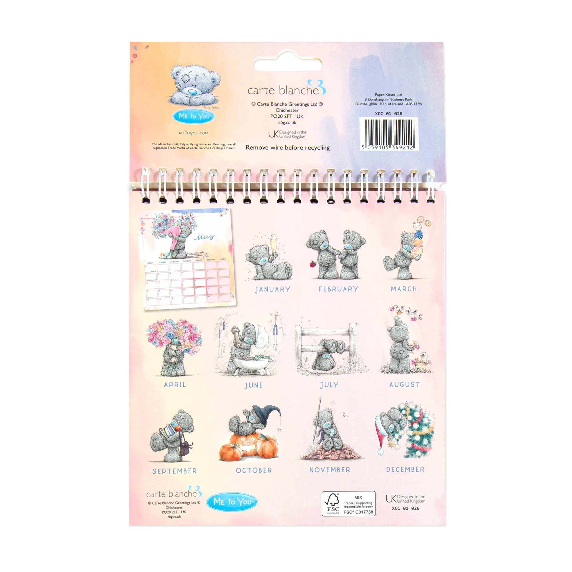 Me to You Tatty Teddy 2027 Spiral Bound Desk Calendar with original hand-drawn illustrations 16 x 17.8 cm
