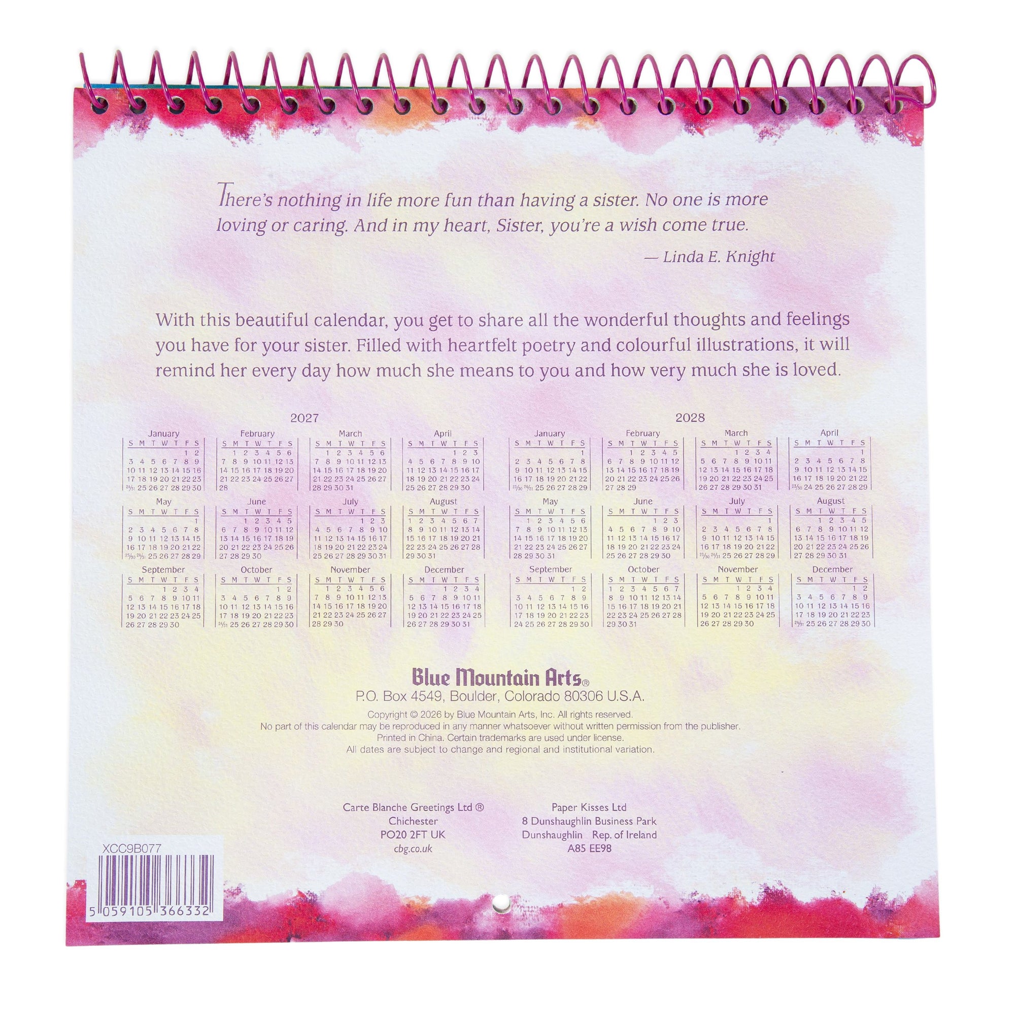 Blue Mountain Arts 'Sisters Carry Each Other In Their Hearts Forever' -  Hanging Wall Calendar 2027 19.6 x 19.6 cm
