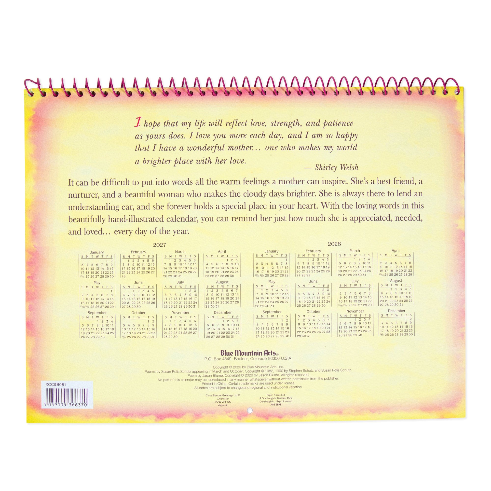 Blue Mountain Arts Collection 'I Love You Mum' - Hanging Wall Calendar 2027 30.5 x 23.1 cm