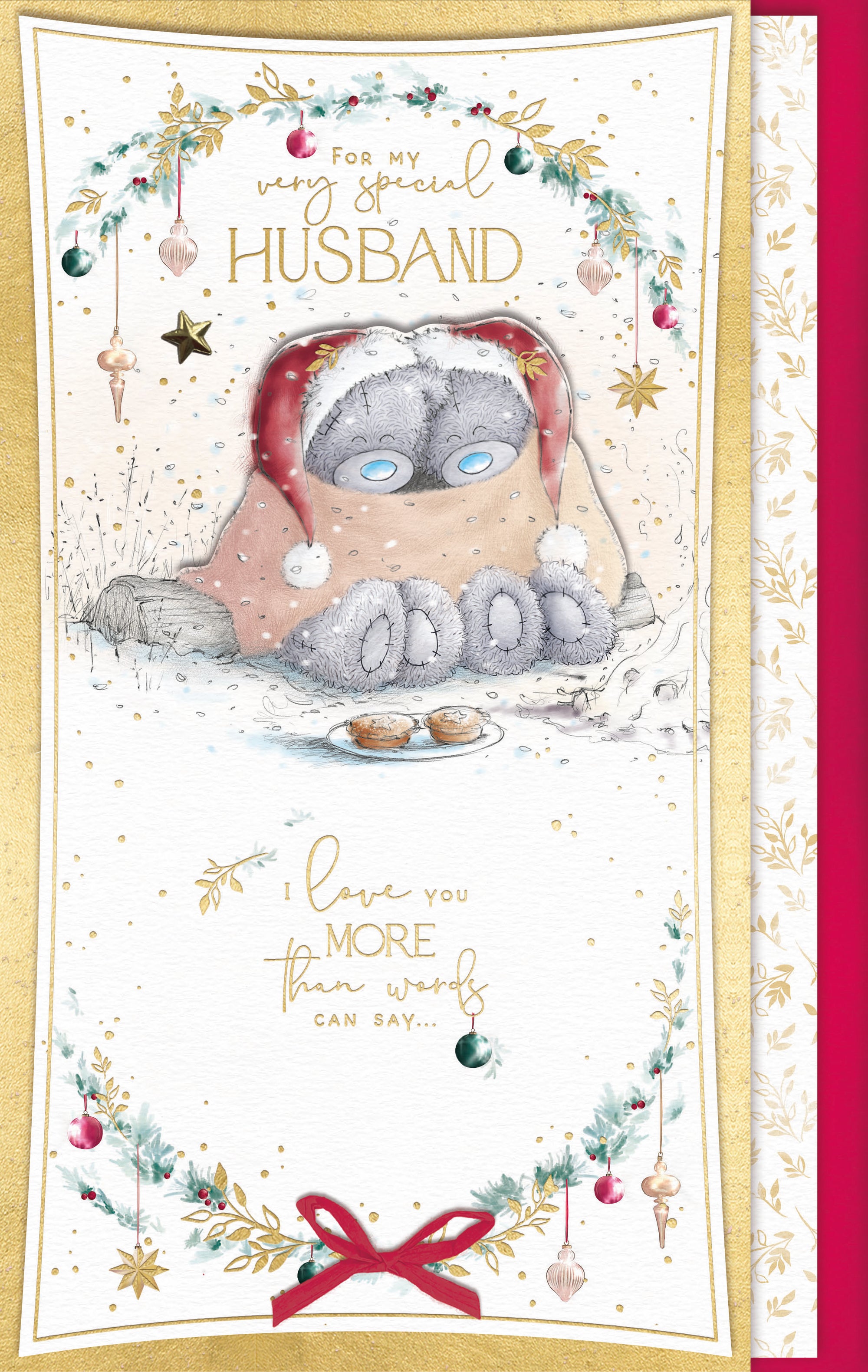 Me To You Handmade Christmas Card For My Very Special  Husband, Tatty Teddy Bears Sit Snuggled Together In A Blanket In The Snow 7 X 11 Inches - Official Collection