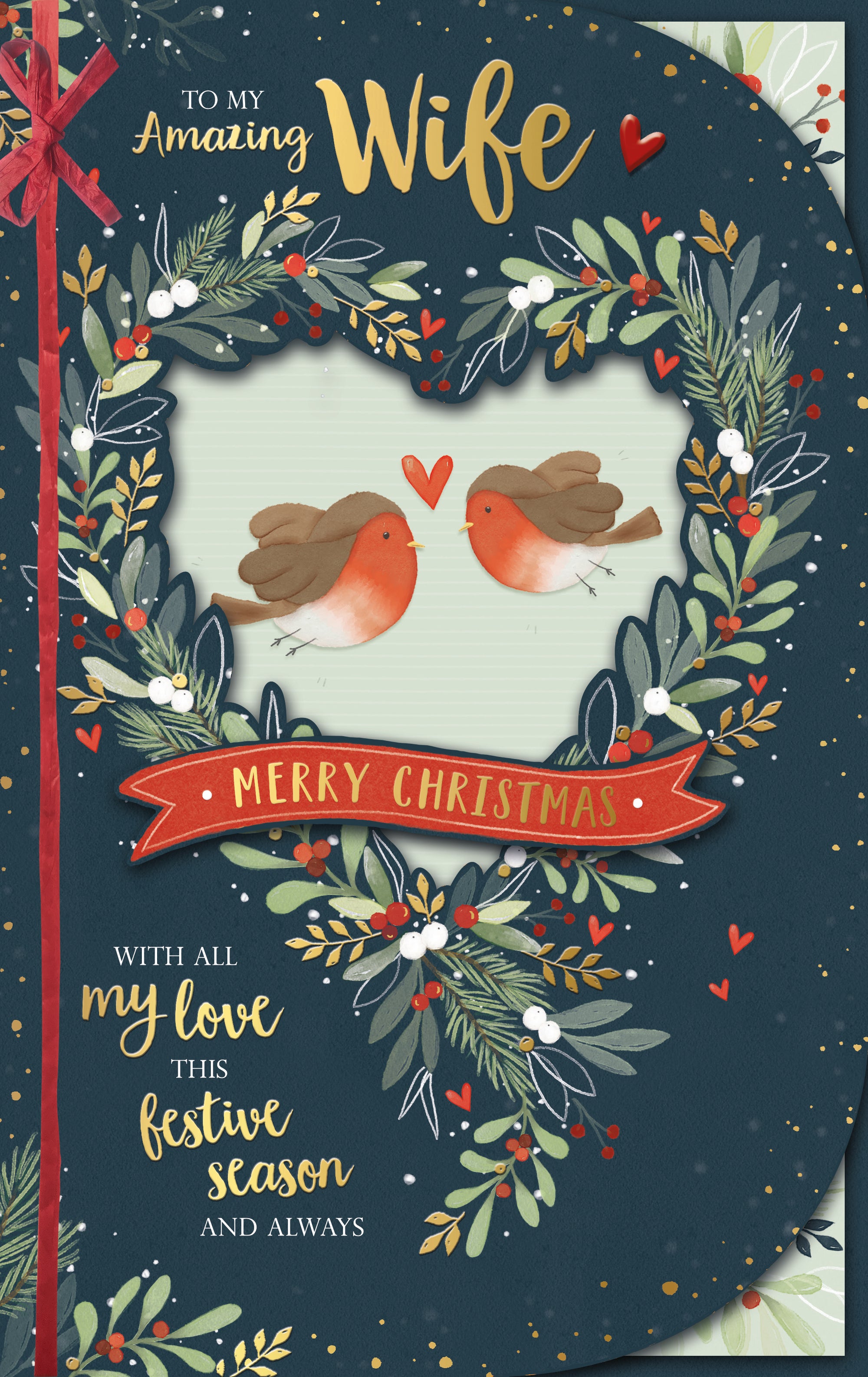Luxury Handmade Die-Cut Christmas Card 'To My Amazing Wife', Two Sweet Robins Inside A Lush Festive Wreath - Wishing Well Studios Christmas Card 7 X 11 Inches