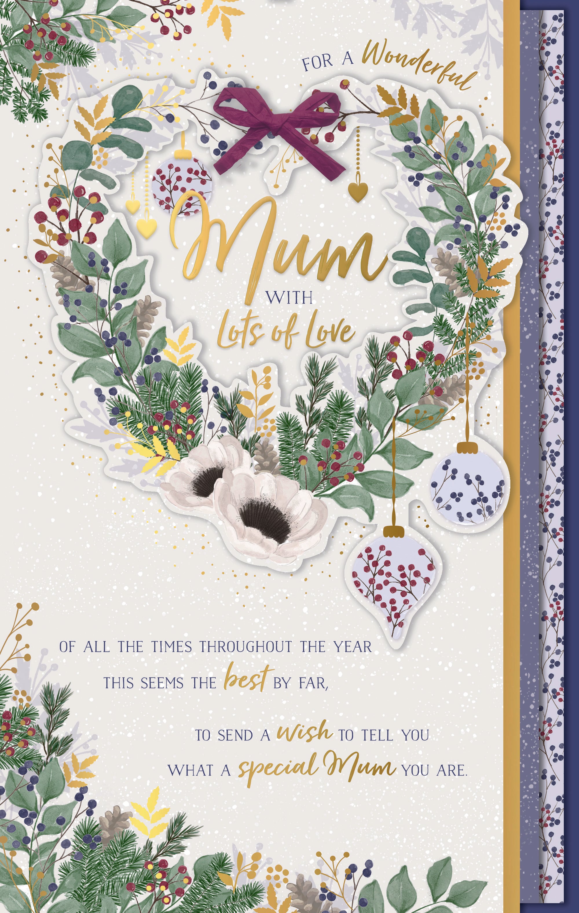 Luxury Handmade Die-Cut Christmas Card 'For A  Wonderful Mum',  Beautiful Festive Wreath Design - Wishing Well Studios Christmas Card 7 X 11 inches