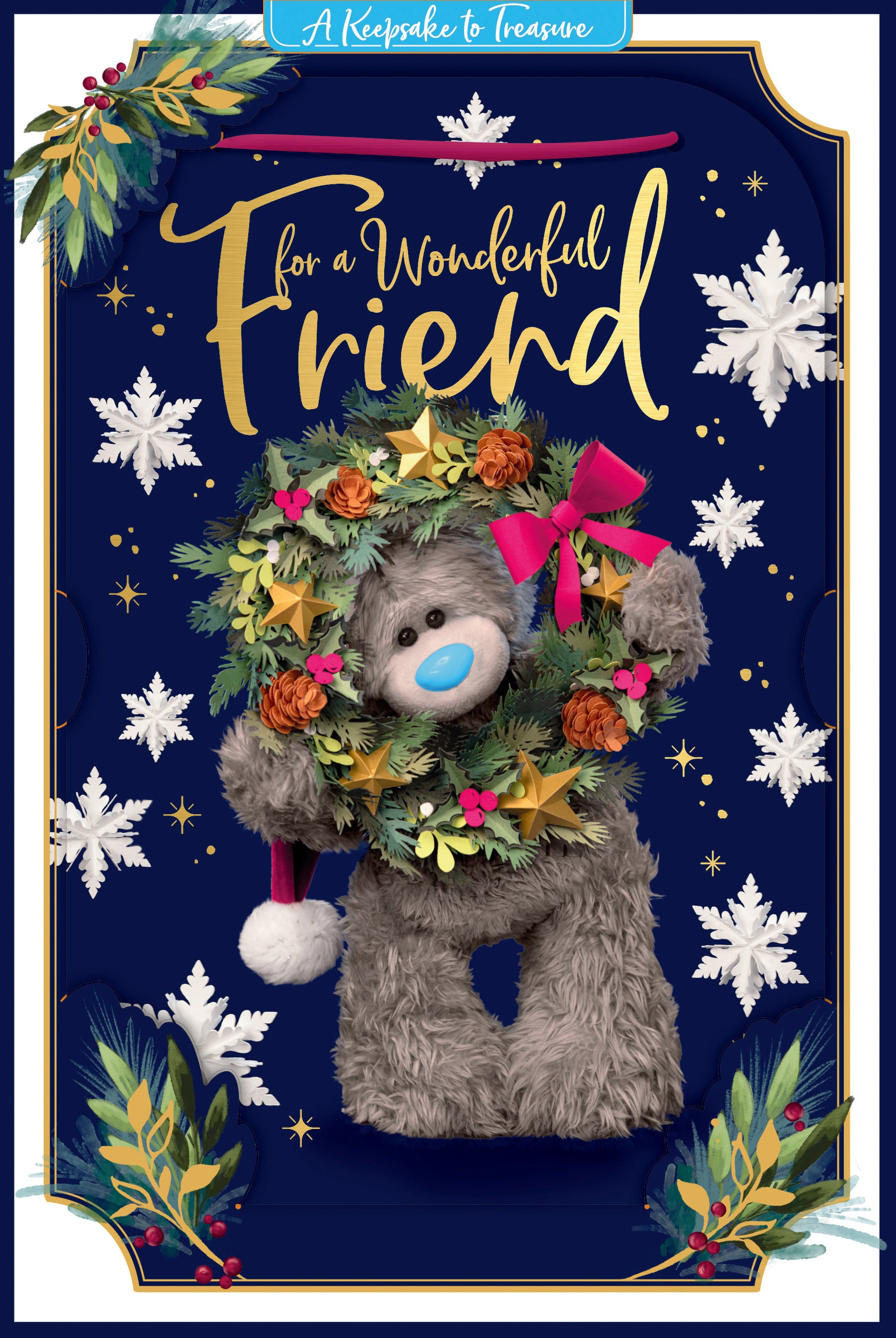 Me To You Tatty Teddy 3D Christmas Keepsake Card For A Wonderful Friend, Tatty Teddy Holding A Wreath 15.2 x 22.8 cm - Official Collection