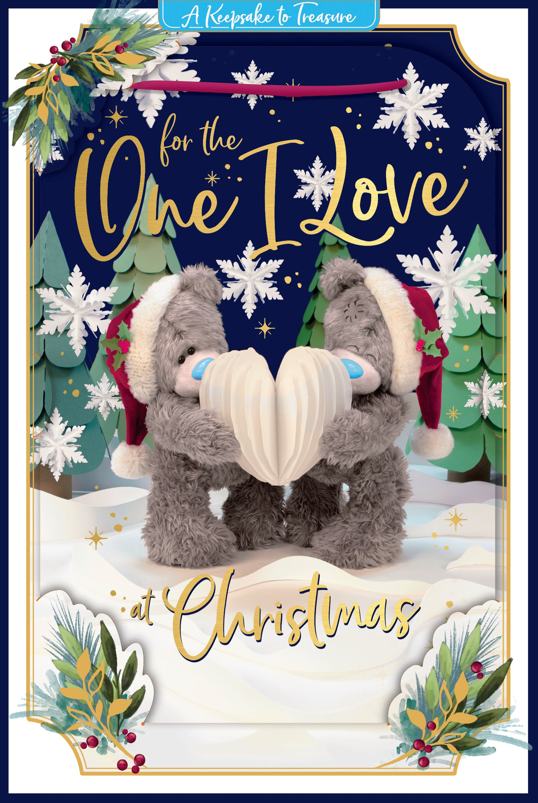 Me To You Tatty Teddy 3D Christmas Keepsake Card To The One I Love, Tatty Teddy Bears Holding A Paper Heart 6 X 9 Inches - Official Collection