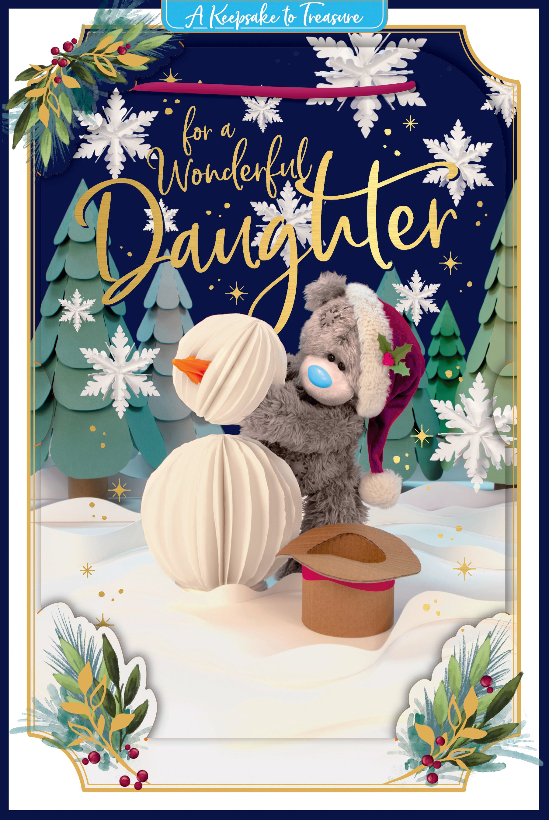 Me To You Tatty Teddy 3D Christmas Keepsake Card To Your Wonderful Daughter, Tatty Teddy Building A Snowman 6 X 9 Inches - Official Collection