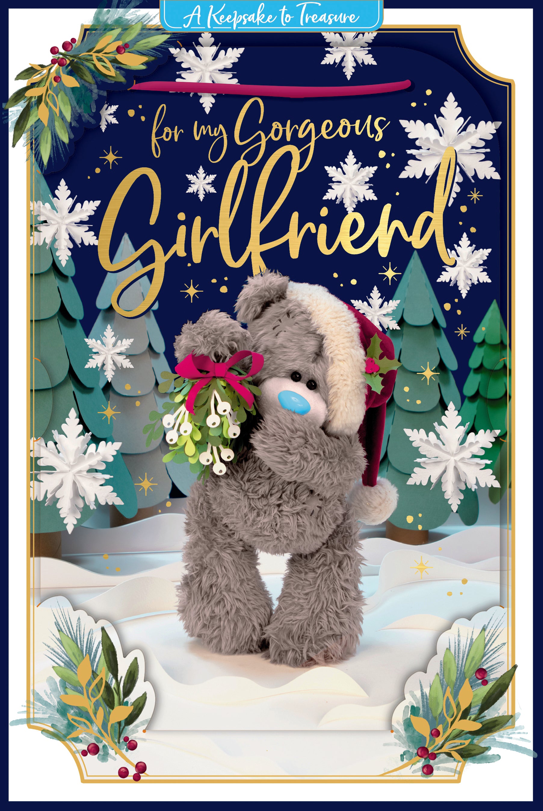 Me To You Tatty Teddy 3D Christmas Keepsake Card For My Gorgeous Girlfriend, Tatty Teddy Holding Mistletoe 6 X 9 Inches - Official Collection