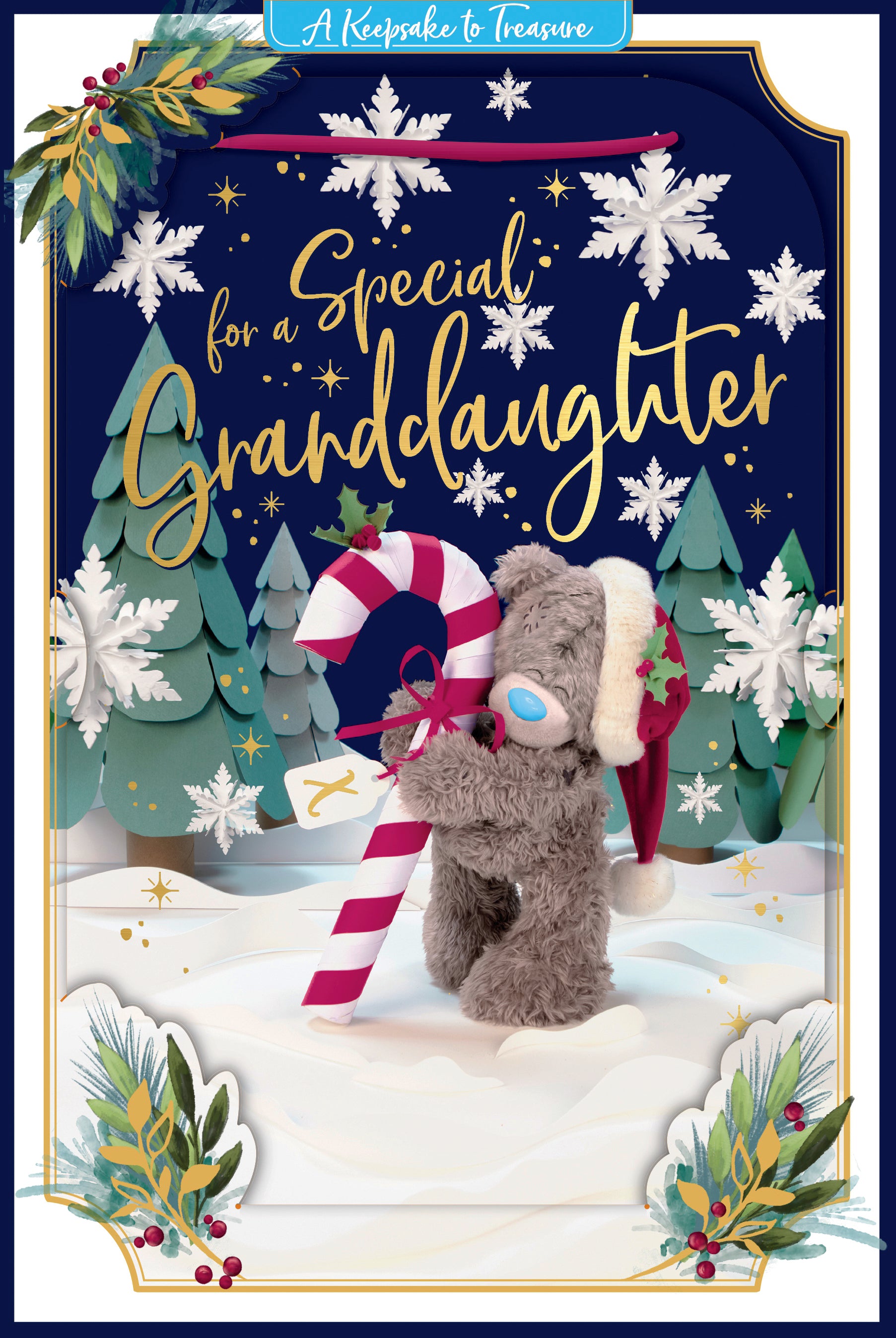 Me To You Tatty Teddy 3D Christmas Keepsake Card For A Special Granddaughter, Tatty Teddy Bear With Candy Cane 6 X 9 Inches - Official Collection