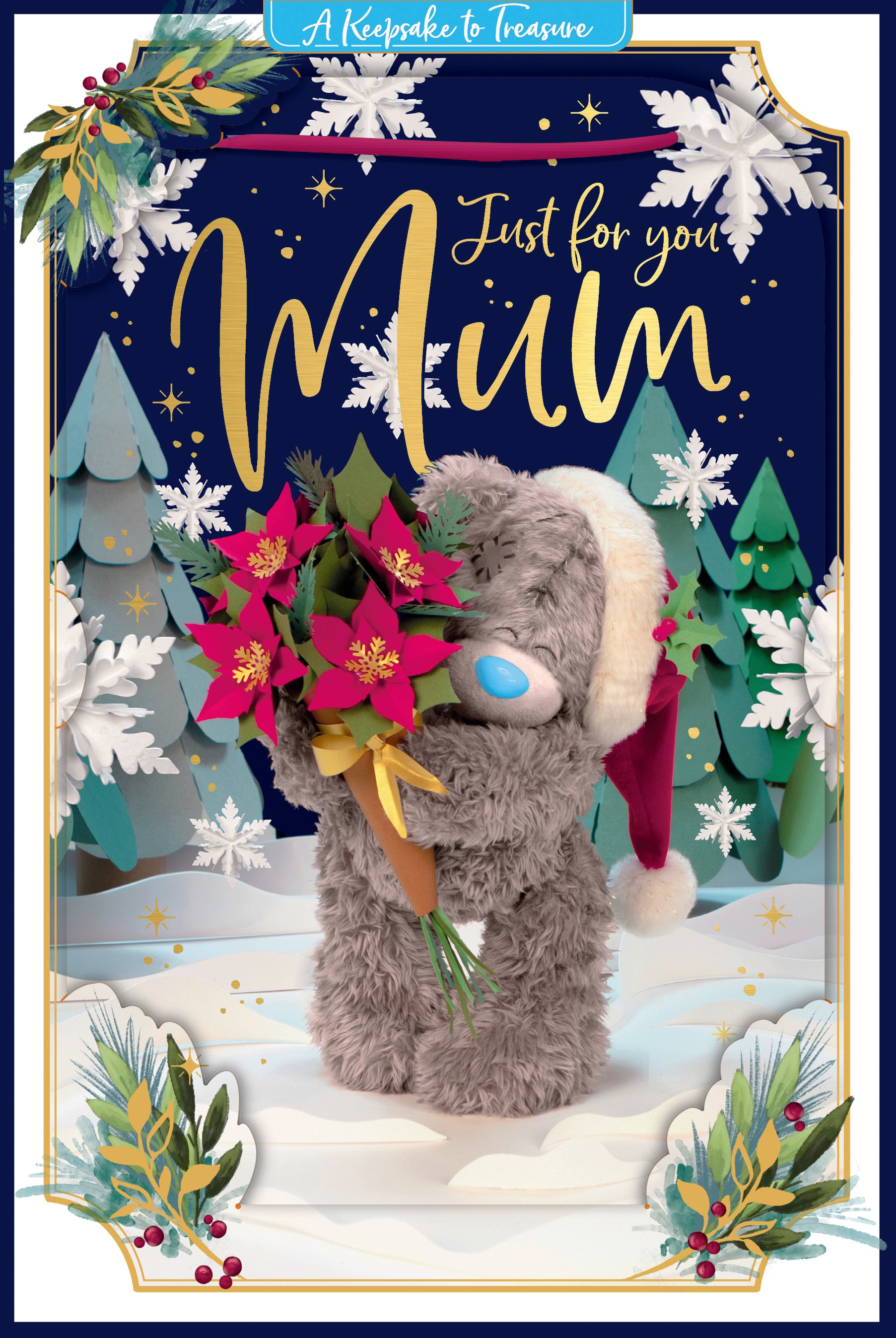 Me to You 3D Keepsake Christmas Card For Mum, Tatty Teddy Carrying A Poinsettia Bouquet In A Snowy Woodland, 6 x 9 Inches - Official Collection