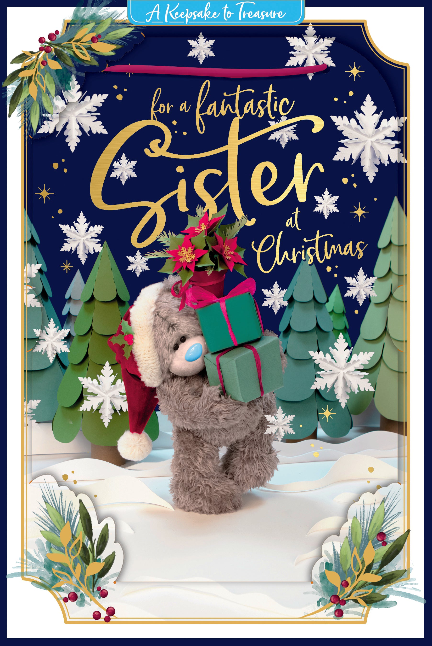 Me To You Tatty Teddy 3D Christmas Keepsake Card For A Fantastic Sister, Tatty Teddy Bear Carrying Gifts 6 X 9 Inches- Official Collection