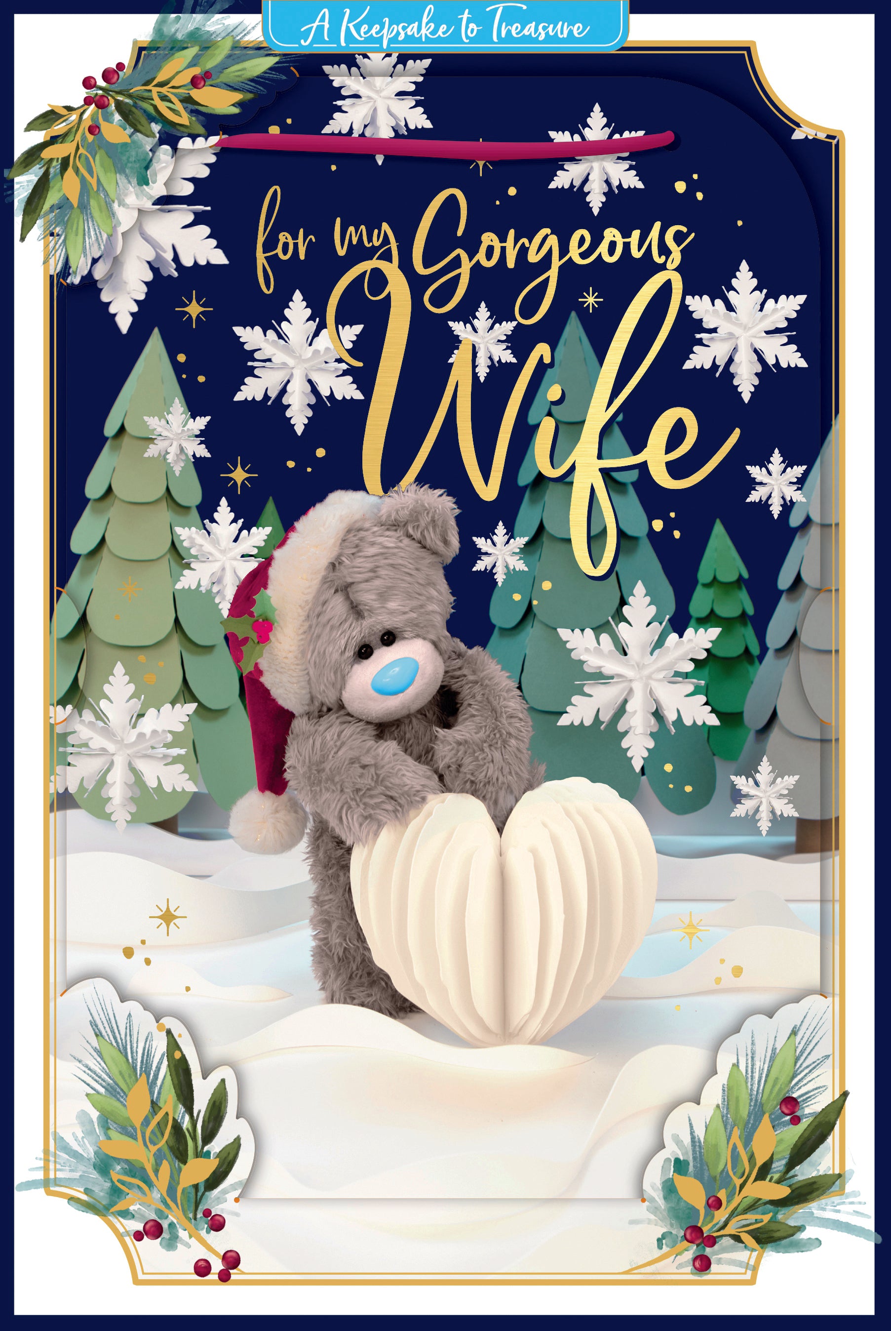 Me To You Tatty Teddy 3D Christmas Keepsake Card For Your Gorgeous Wife, Tatty Teddy Bear With Paper Heart 6 X 9 Inches - Official Collection