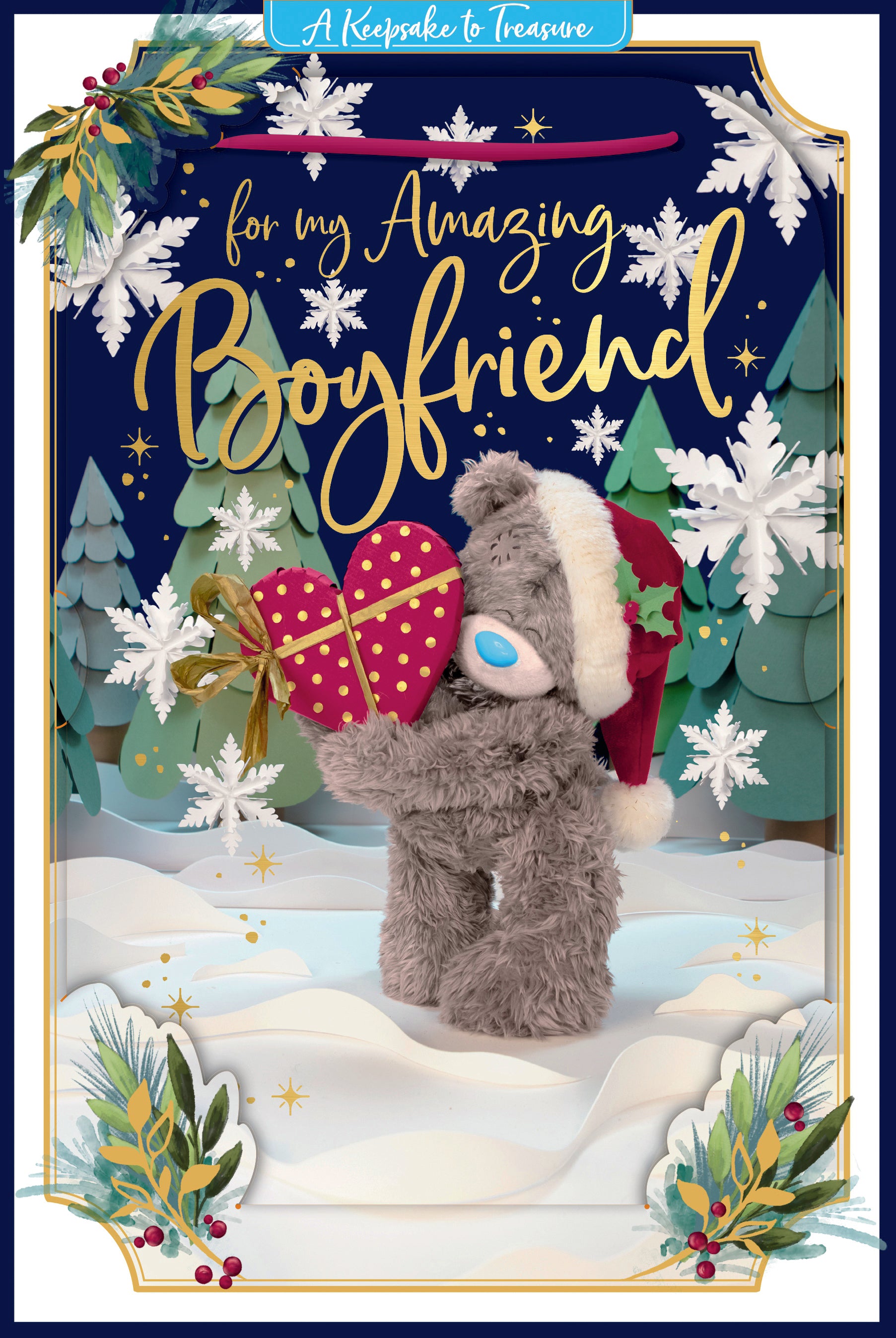 Me To You Tatty Teddy 3D Christmas Keepsake Card For An Amazing Boyfriend, Tatty Teddy Bear Holding Red Heart 6 X 9 Inches - Official Collection