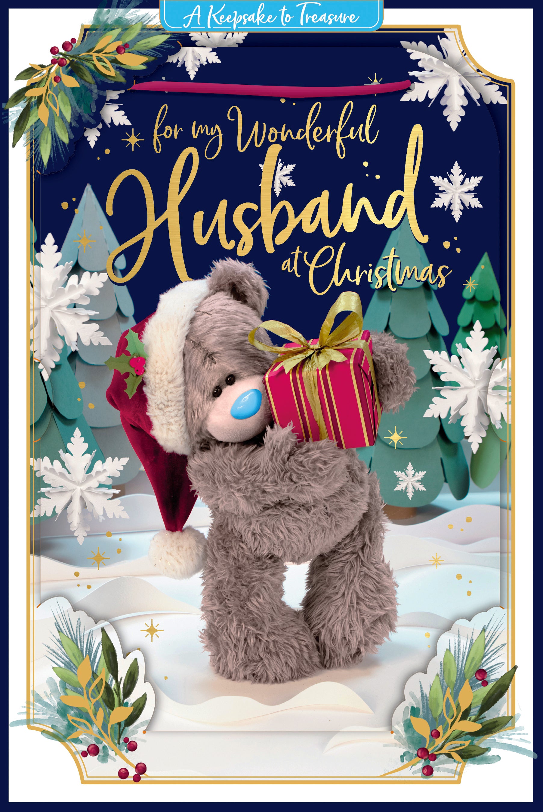 Me To You Tatty Teddy 3D Christmas Keepsake Card For A Wonderful Husband, Tatty Teddy Bear Holding Gift 6 X 9 Inches - Official Collection