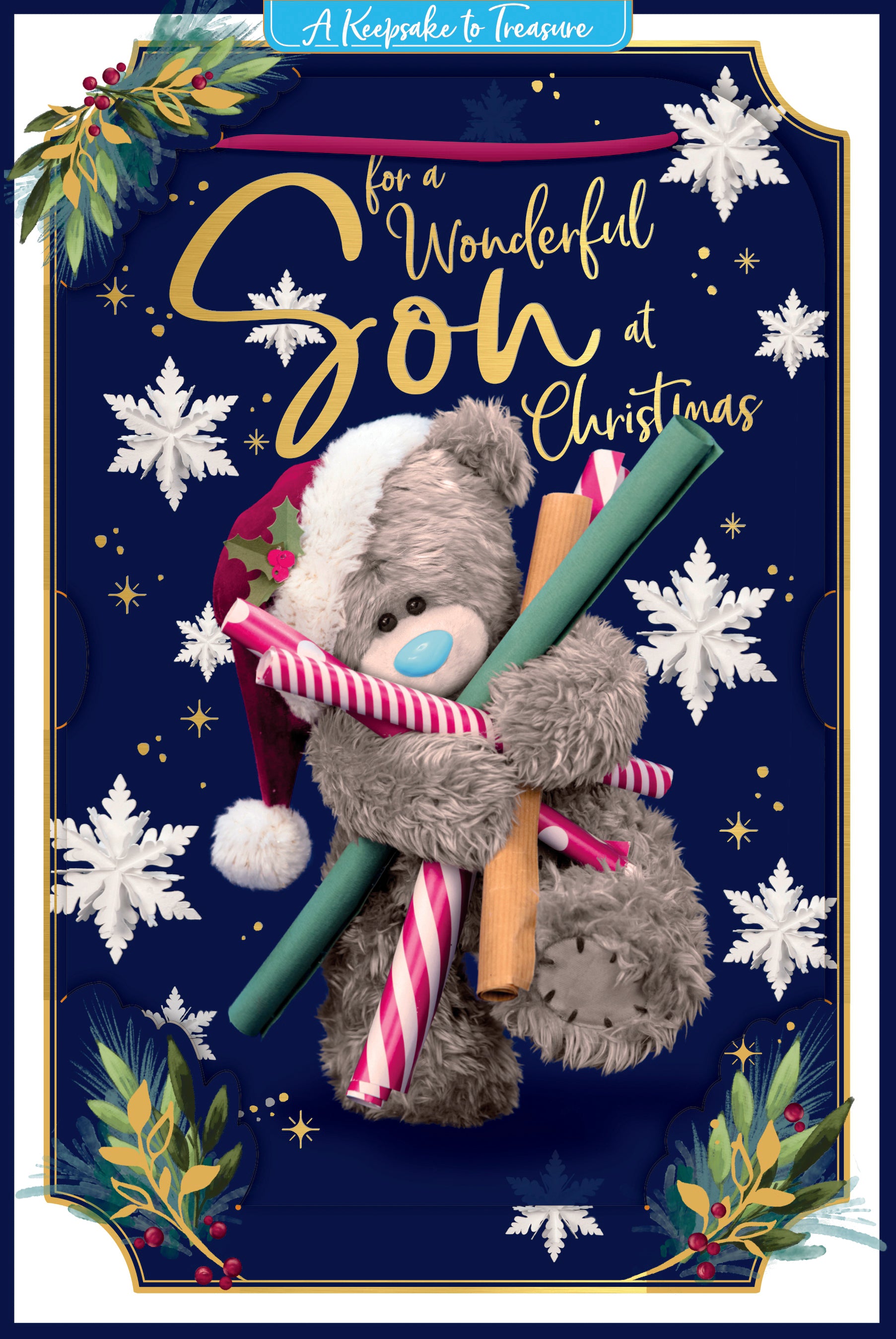 Me To You Tatty Teddy 3D Christmas Keepsake Card For A Wonderful Son Tatty Teddy Bear With Wrapping Paper 6 X 9 Inches - Official Collection