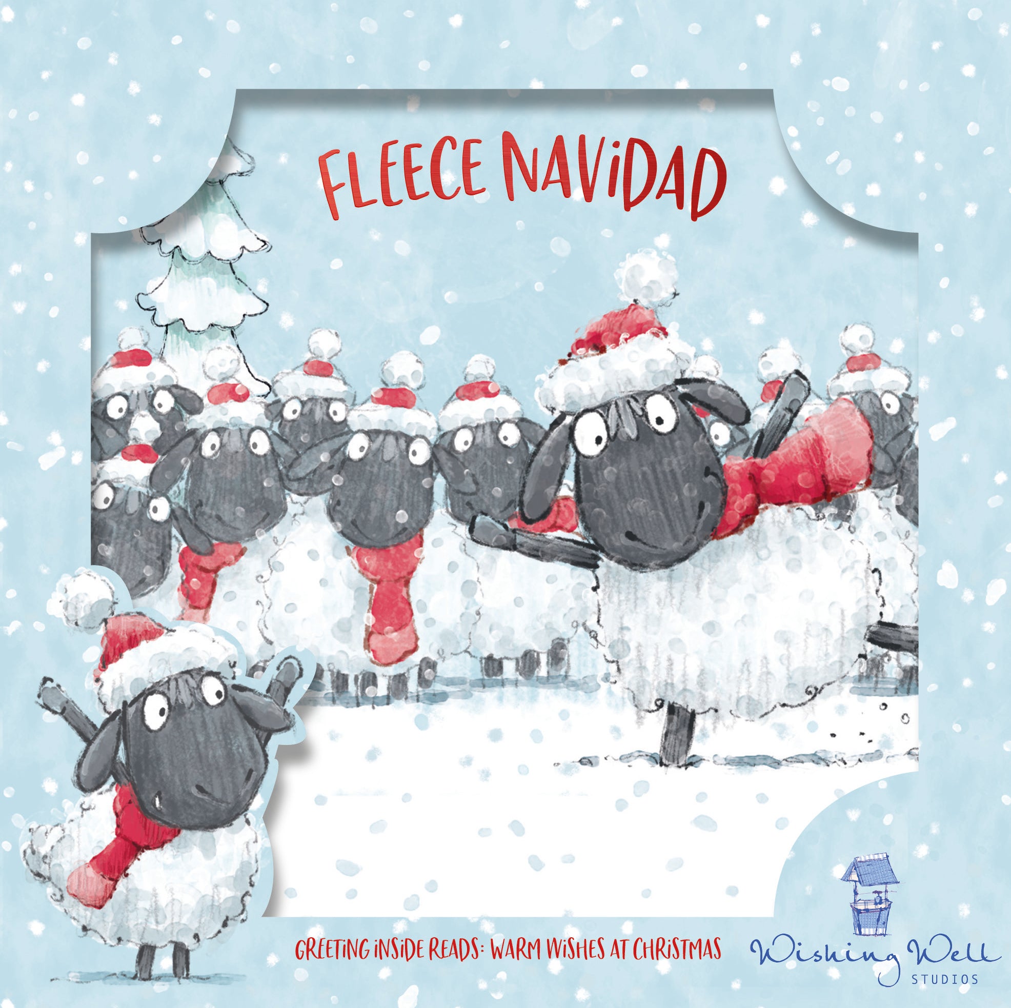 Christmas Card 10-Pack For Friends And Family, 2 Designs  'Merry Christmas To Ewe' and 'Fleece Navidad',  Fun Illustrations Of Fluffy Sheep In Santa Hats - Wishing Well Studios Christmas Card 6 X 6 Inches