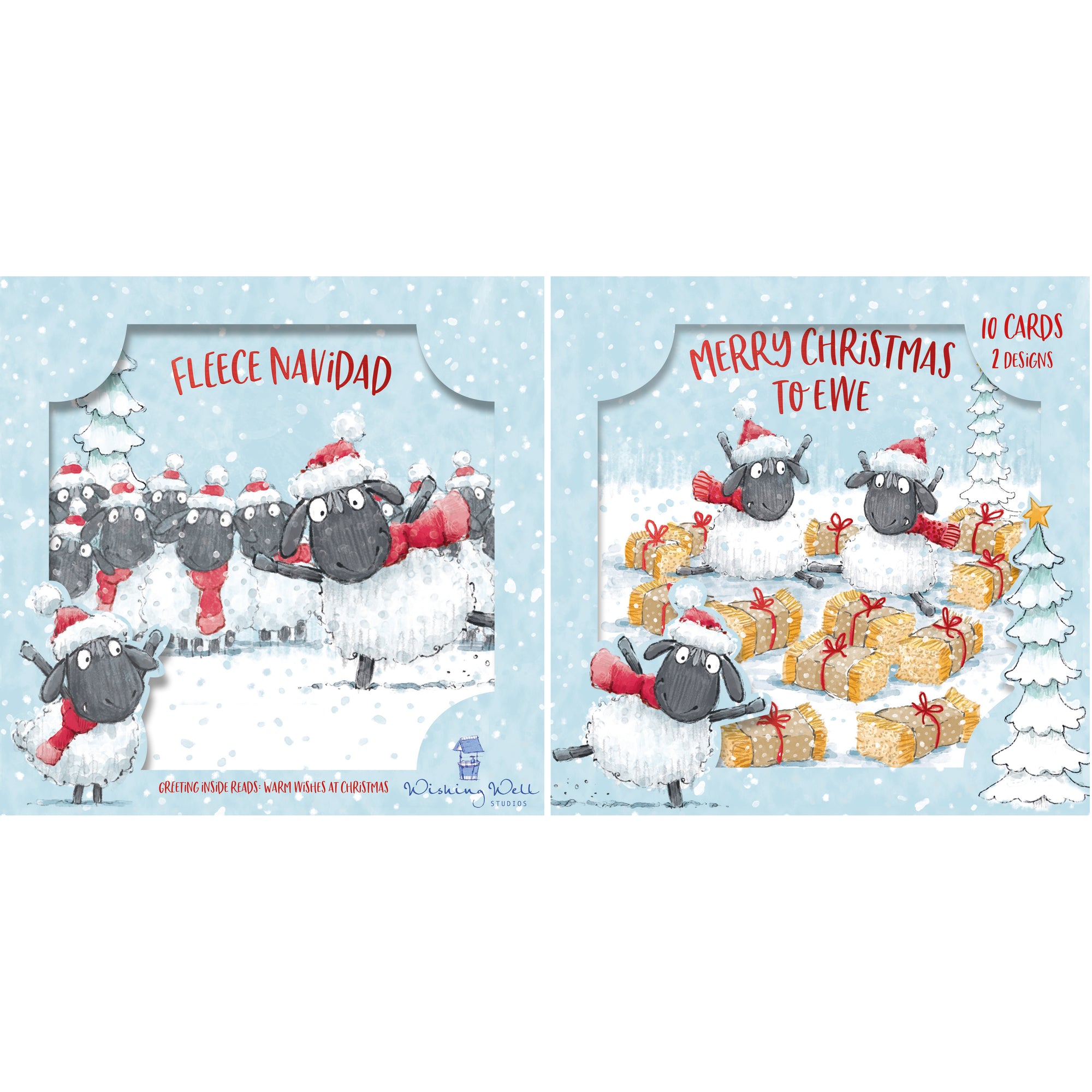 Christmas Card 10-Pack For Friends And Family, 2 Designs  'Merry Christmas To Ewe' and 'Fleece Navidad',  Fun Illustrations Of Fluffy Sheep In Santa Hats - Wishing Well Studios Christmas Card 6 X 6 Inches