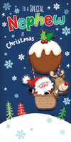 Christmas Card Money Wallet, To A Special Nephew, For Holding Bank Notes Or Vouchers,  Featuring Santa And Reindeer In Christmas Pudding Hot Air Balloon - Wishing Well Studios 4 X 7 Inches