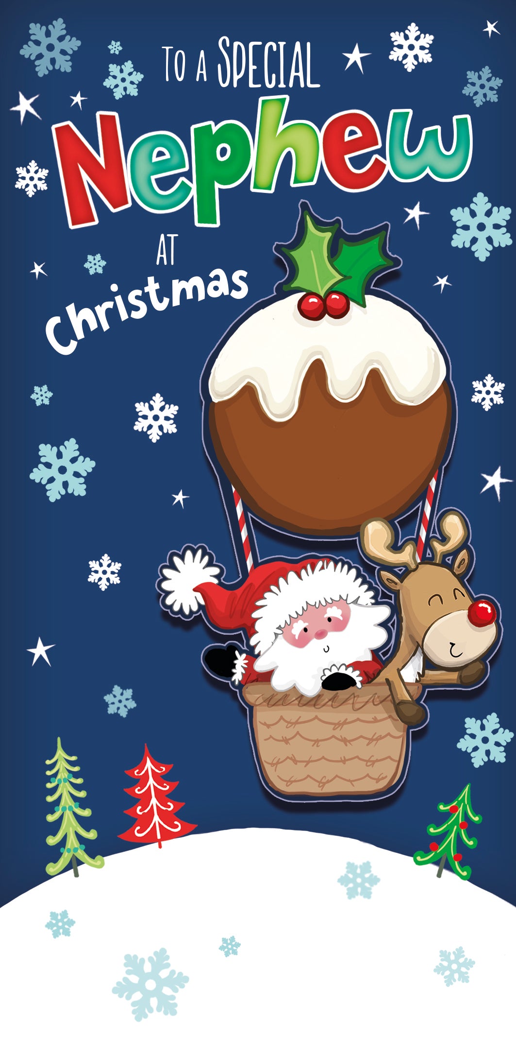 Christmas Card Money Wallet, To A Special Nephew, For Holding Bank Notes Or Vouchers,  Featuring Santa And Reindeer In Christmas Pudding Hot Air Balloon - Wishing Well Studios 4 X 7 Inches