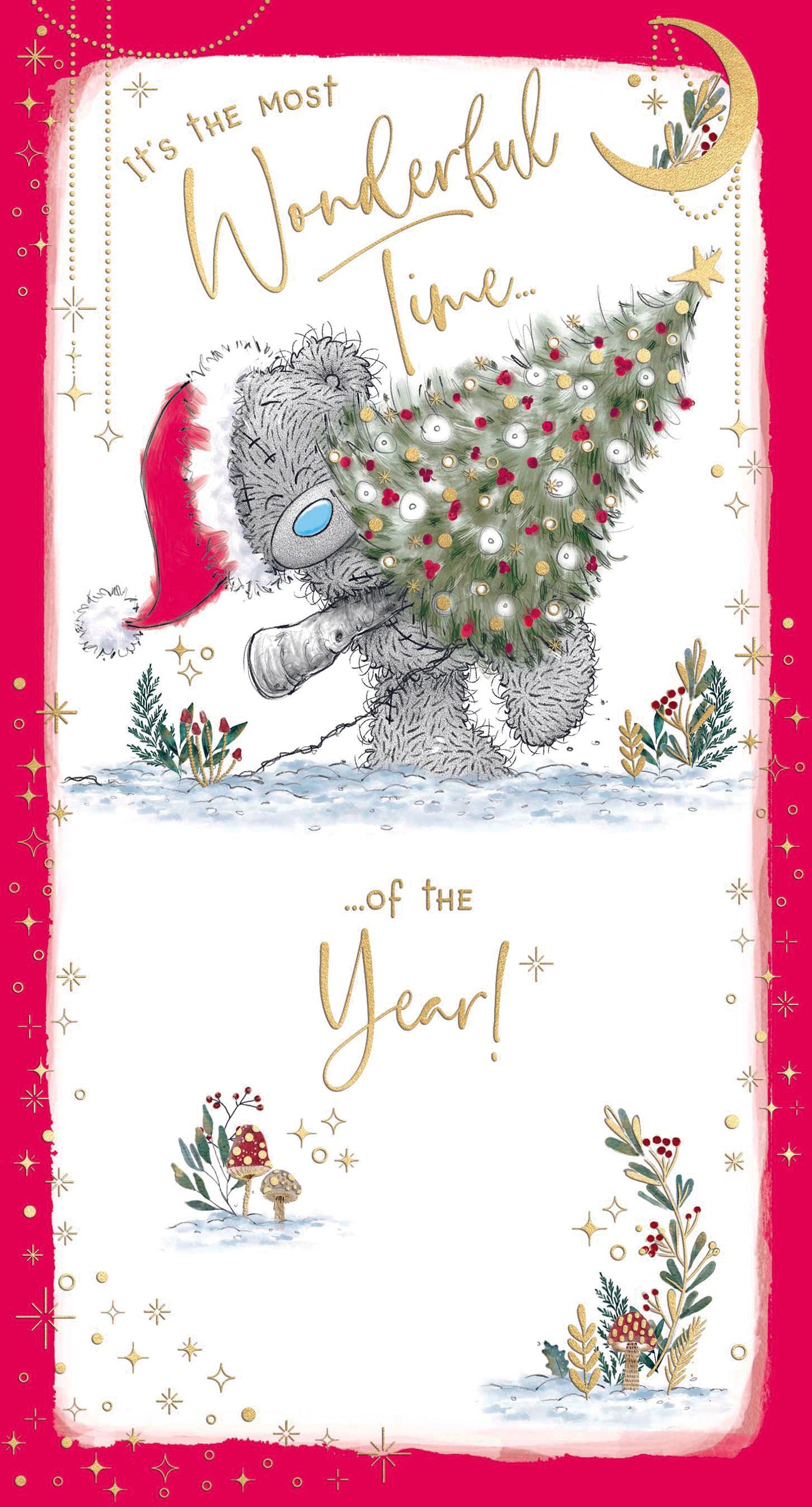 Me To You Tatty Teddy Luxury Christmas Card With Gold Foil Detail, Tatty Teddy Holding Tree 5x9ins - Official Collection
