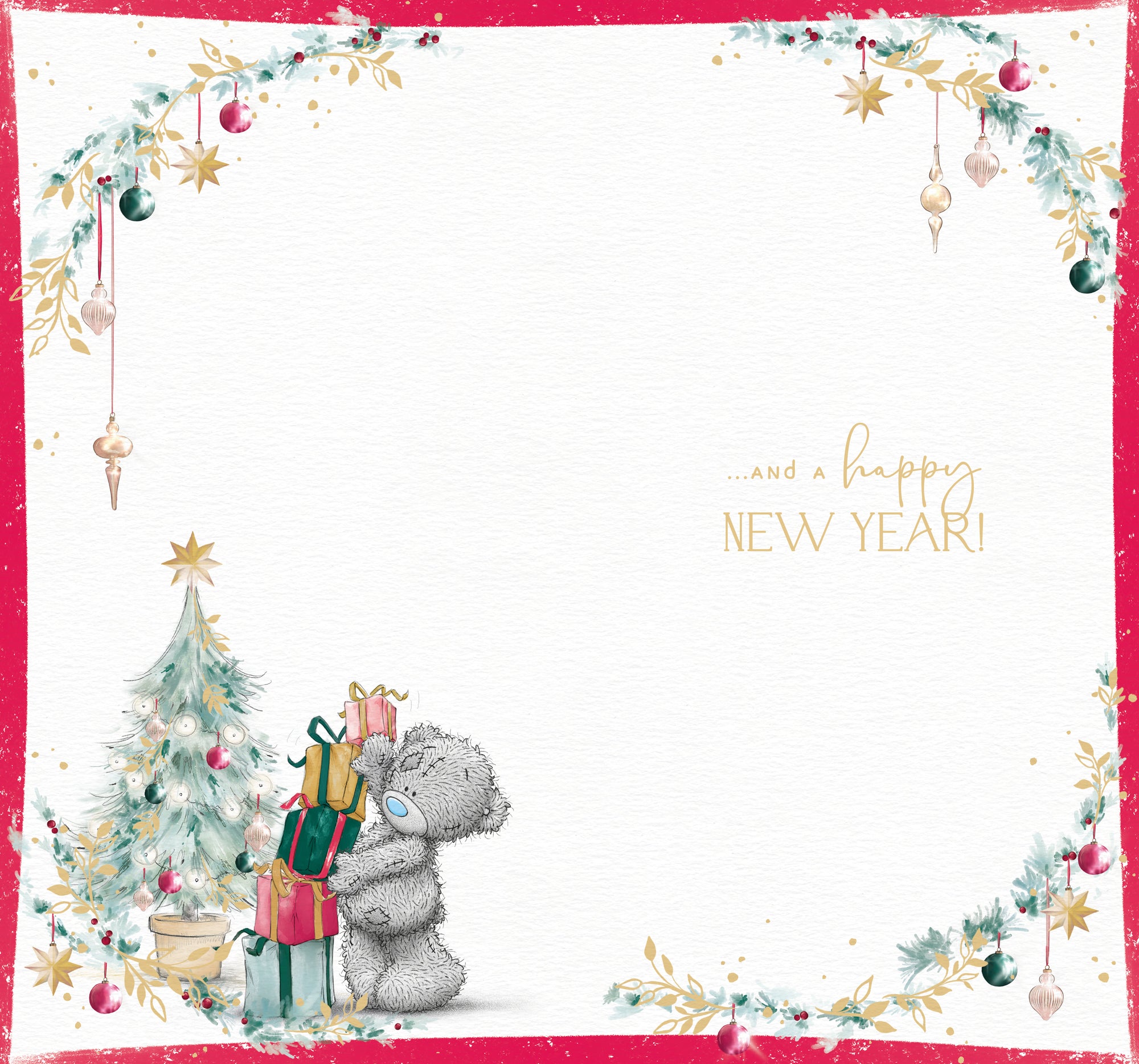 Me to You Tatty Teddy Christmas Card For Friends And Family, Tatty Teddy Balancing A Tower Of Wrapped Presents, 5 x 9 Inches - Official Collection