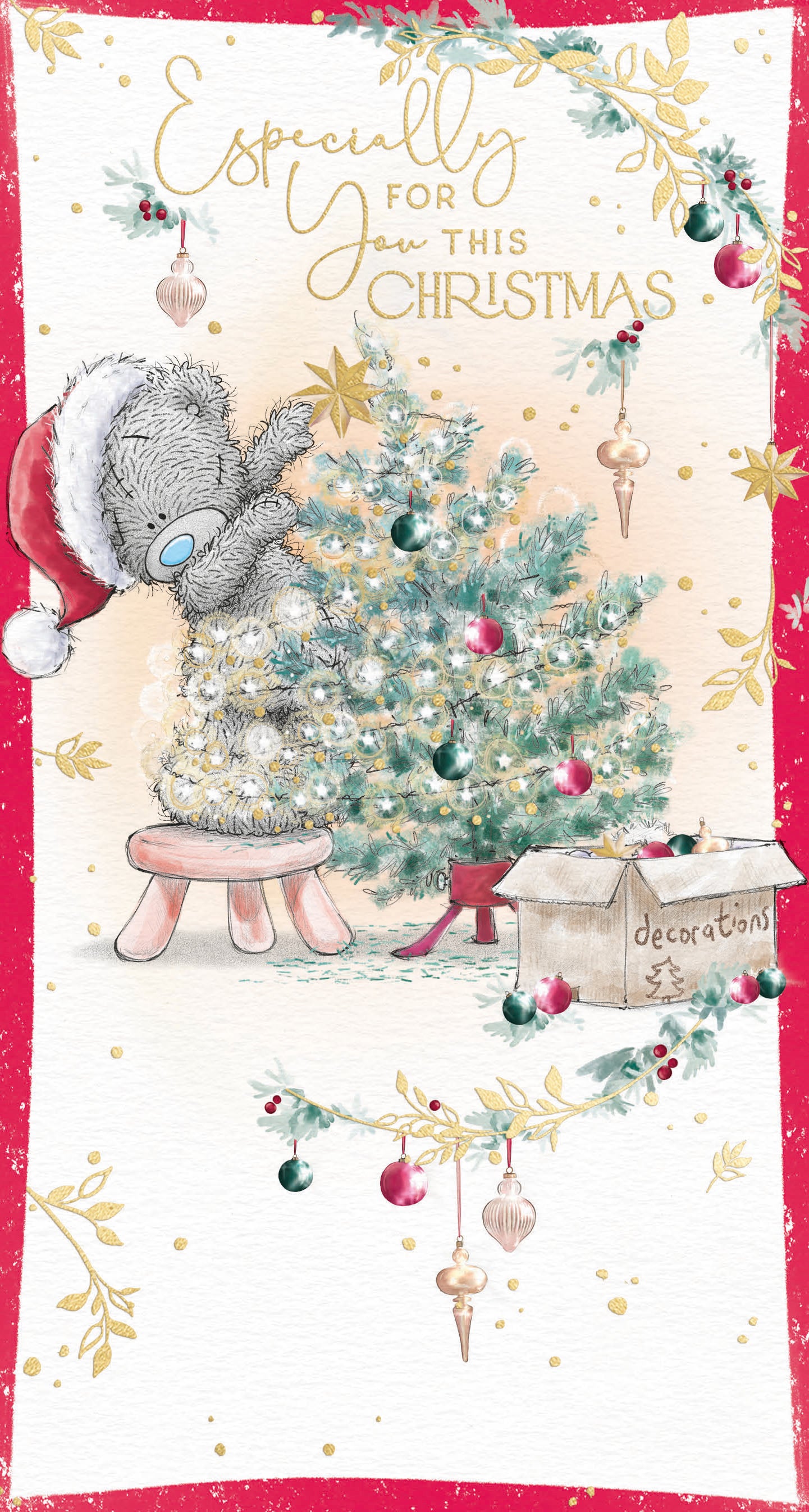 Me to You Tatty Teddy Christmas Card Especially For You, Tatty Teddy Decorating A Christmas Tree, 5 x 9 Inches - Official Collection