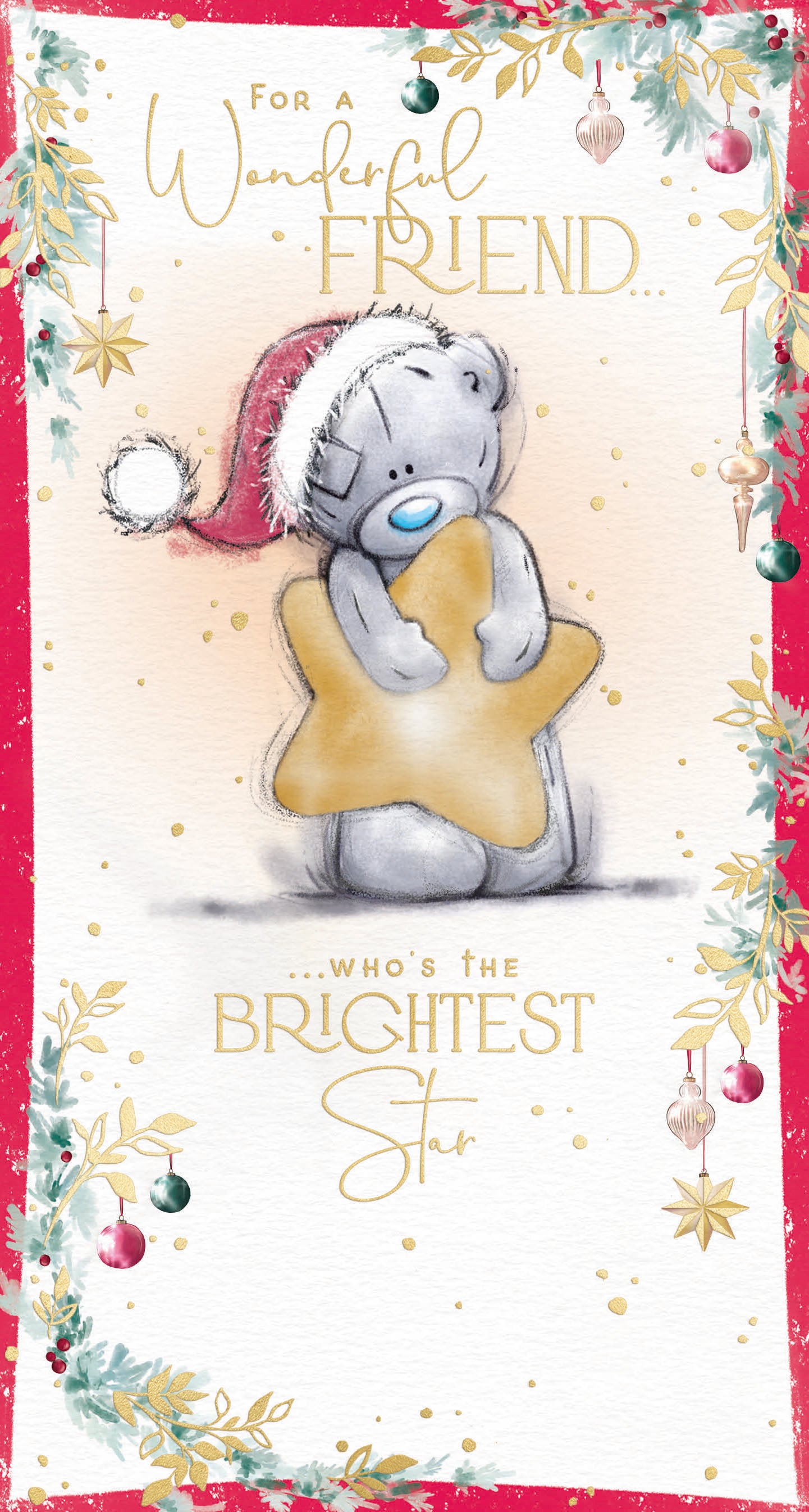 Me to You Tatty Teddy Christmas Card For A Wonderful Friend, Tatty Teddy Hugging A Golden Star, 5 x 9 Inches - Official Collection