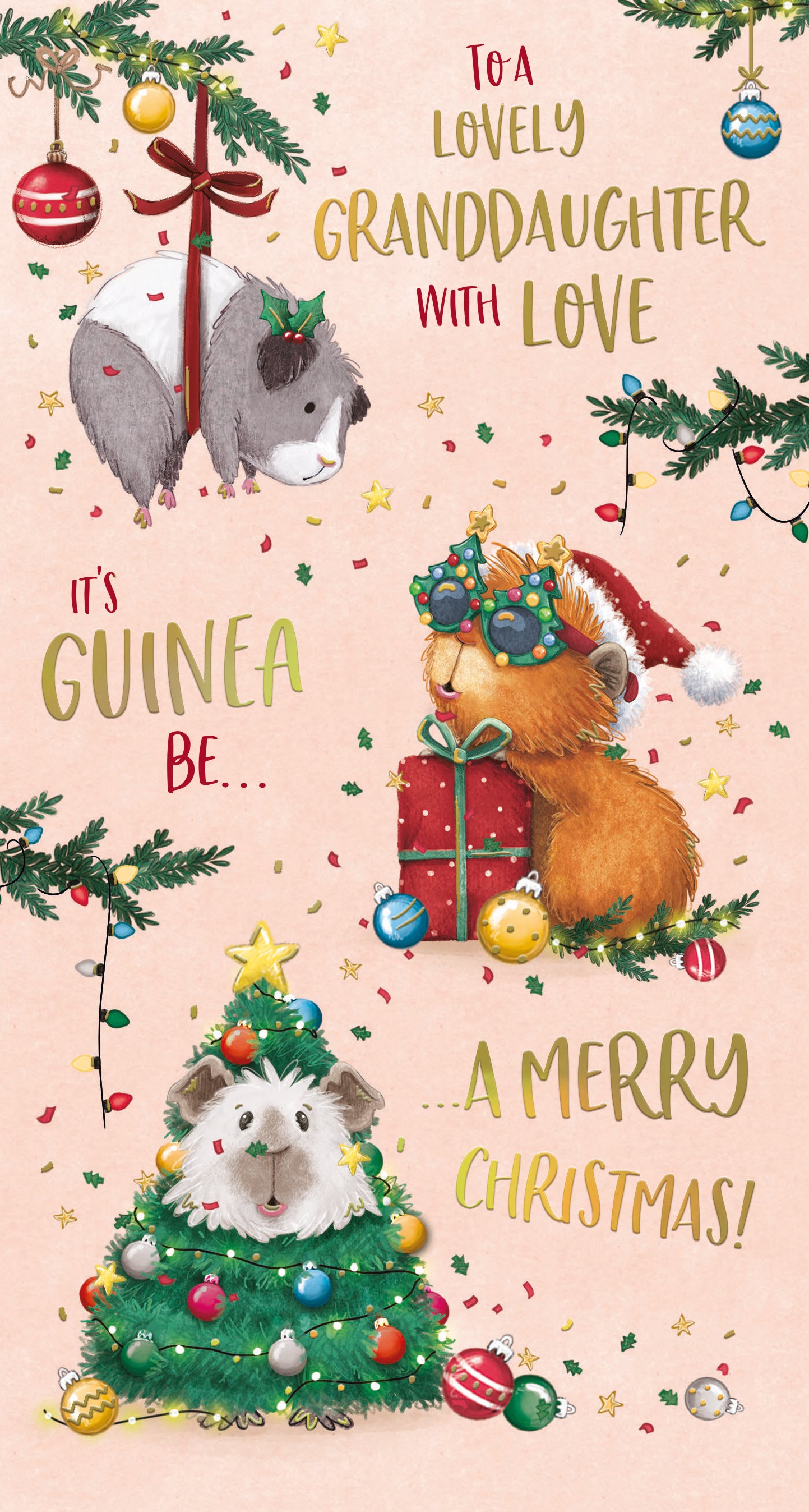 Luxury Christmas Card To A Lovely Granddaughter, Fun Illustrations Of Guinea Pigs At Christmas - Wishing Well Studios 5 X 9 Inches