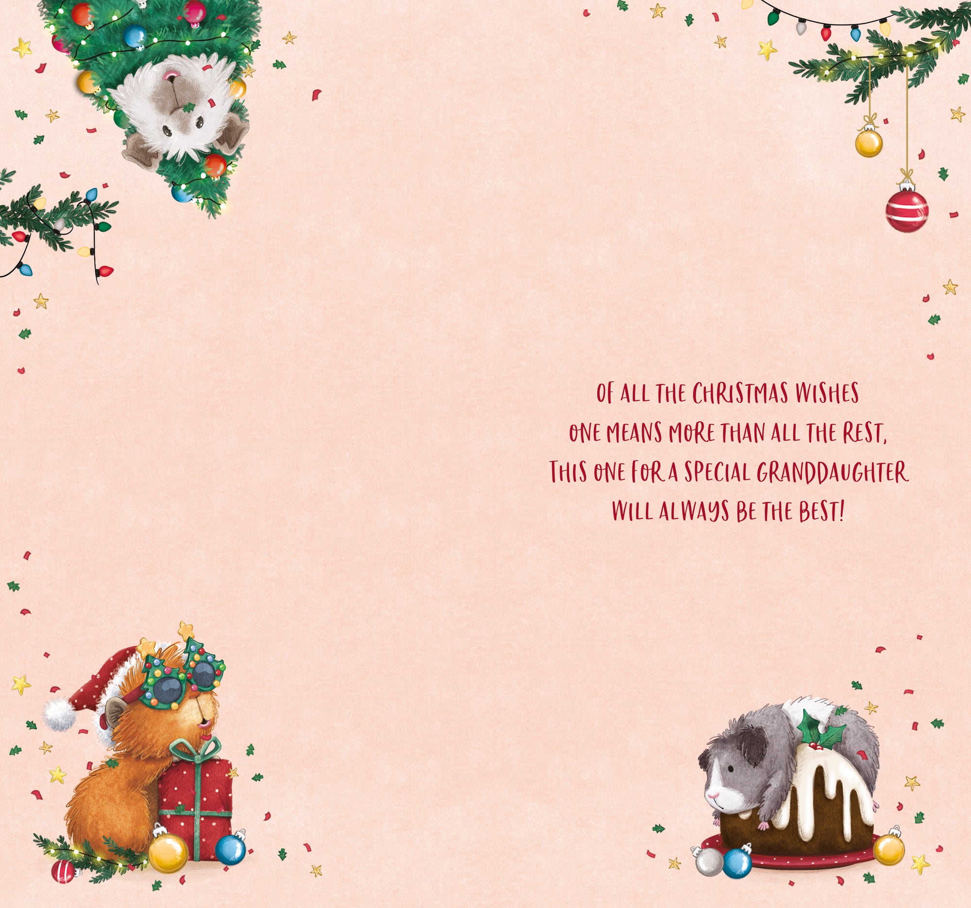 Luxury Christmas Card To A Lovely Granddaughter, Fun Illustrations Of Guinea Pigs At Christmas - Wishing Well Studios 5 X 9 Inches