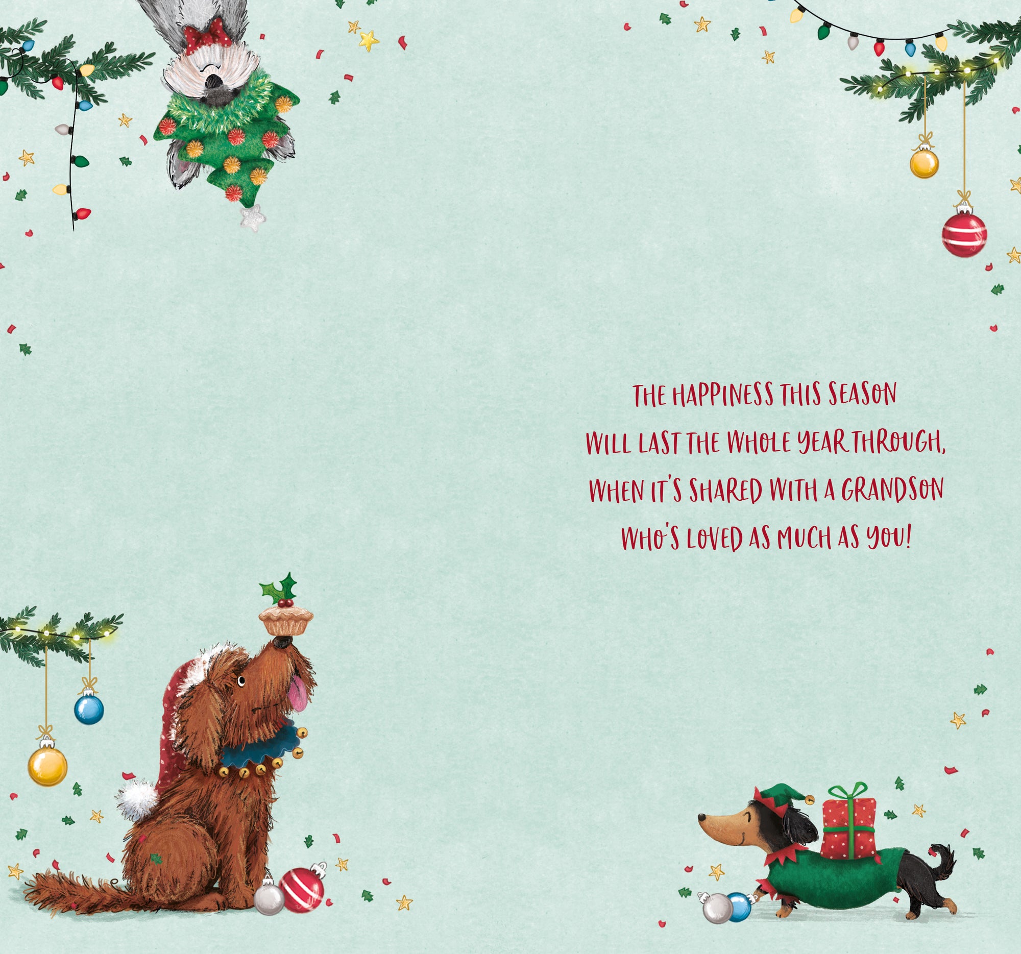 Luxury Christmas Card To The Best Grandson, Fun Illustrations Of Dogs At Christmas - Wishing Well Studios 5 X 9 Inches