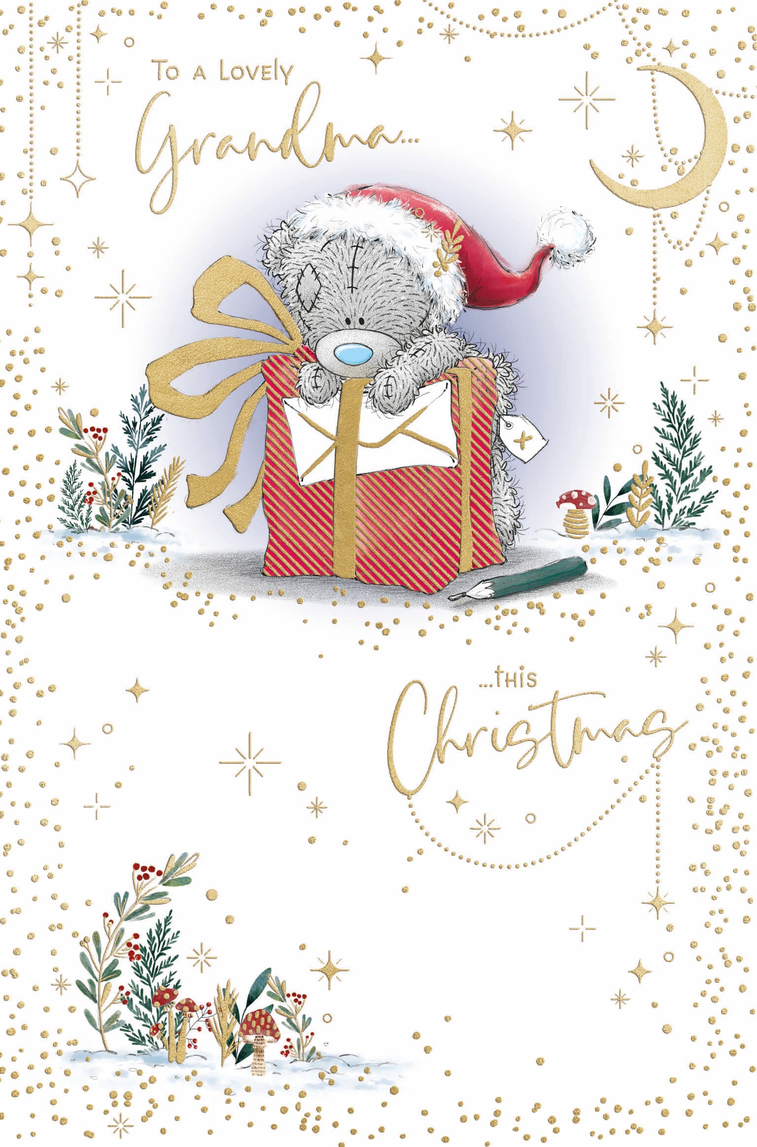 Me To You Tatty Teddy Christmas Card To Grandma, Tatty Teddy Wrapping A Gift 5x8ins - Official Collection