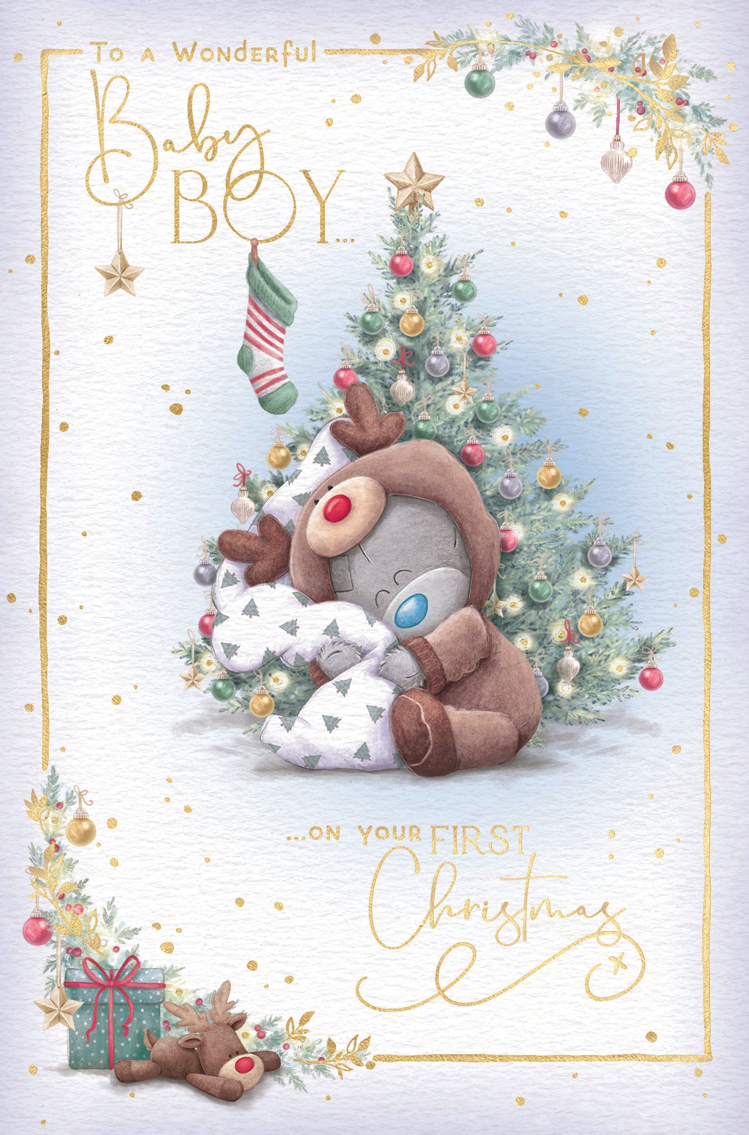 Me to You Tiny Tatty Teddy First Christmas Card For A Wonderful Baby Boy, Tatty Teddy In Reindeer Outfit By A Christmas Tree, 5 x 8 Inches - Official Collection
