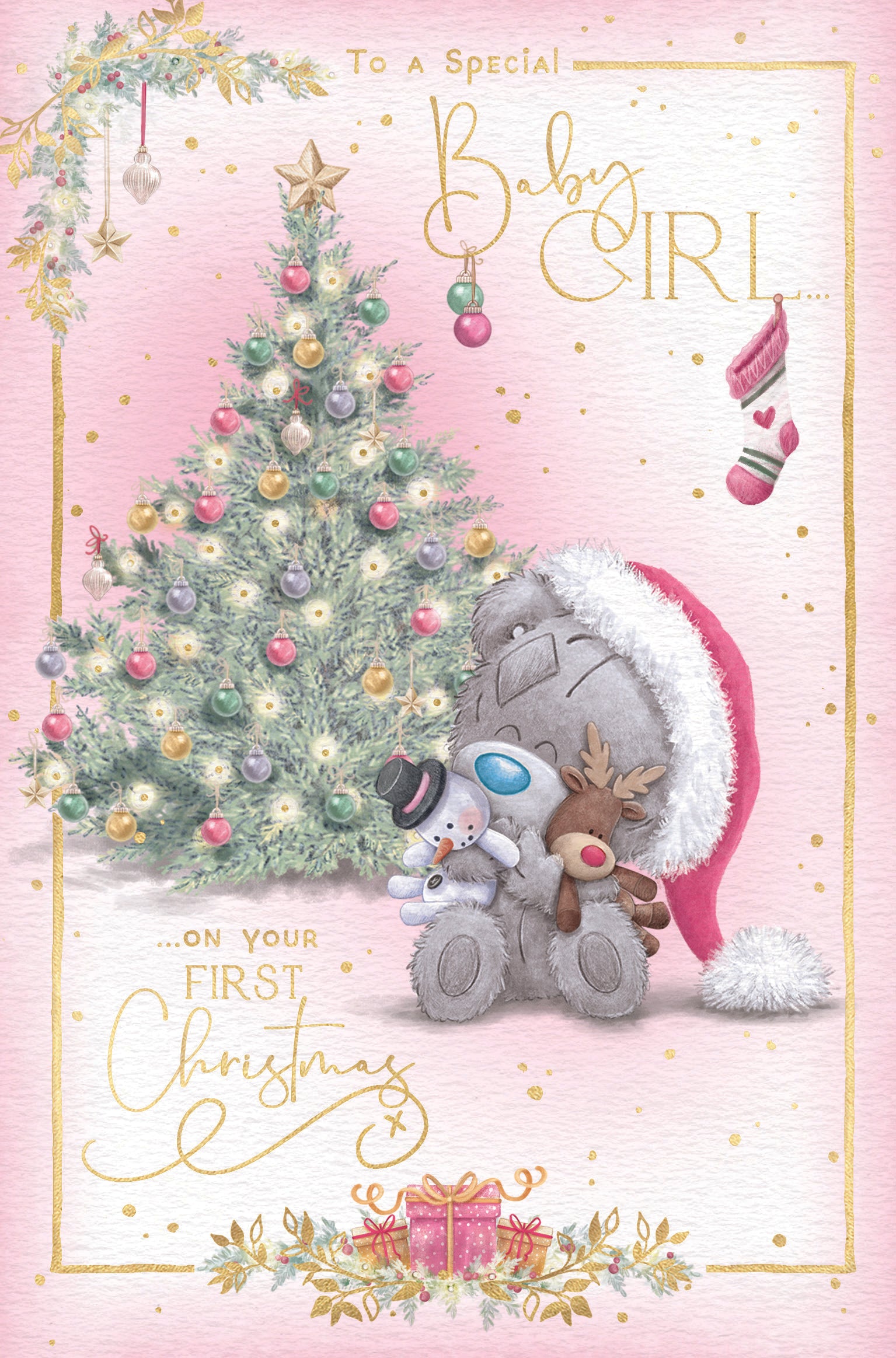 Me to You Tiny Tatty Teddy First Christmas Card For A Special Baby Girl, Tatty Teddy With Snowman And Reindeer Toy By A Christmas Tree, 5 x 8 Inches - Official Collection