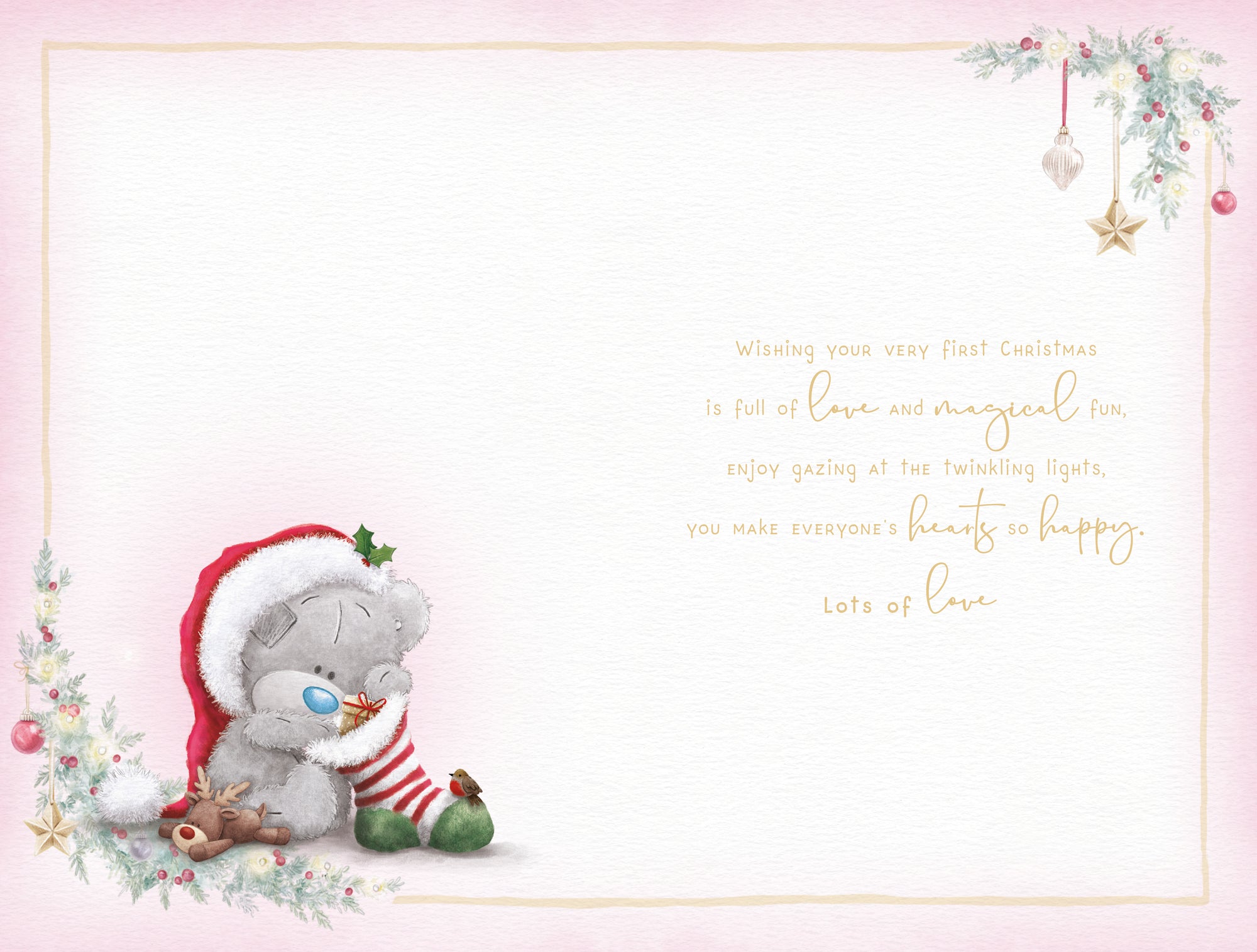 Me to You Tiny Tatty Teddy First Christmas Card For A Special Baby Girl, Tatty Teddy With Snowman And Reindeer Toy By A Christmas Tree, 5 x 8 Inches - Official Collection