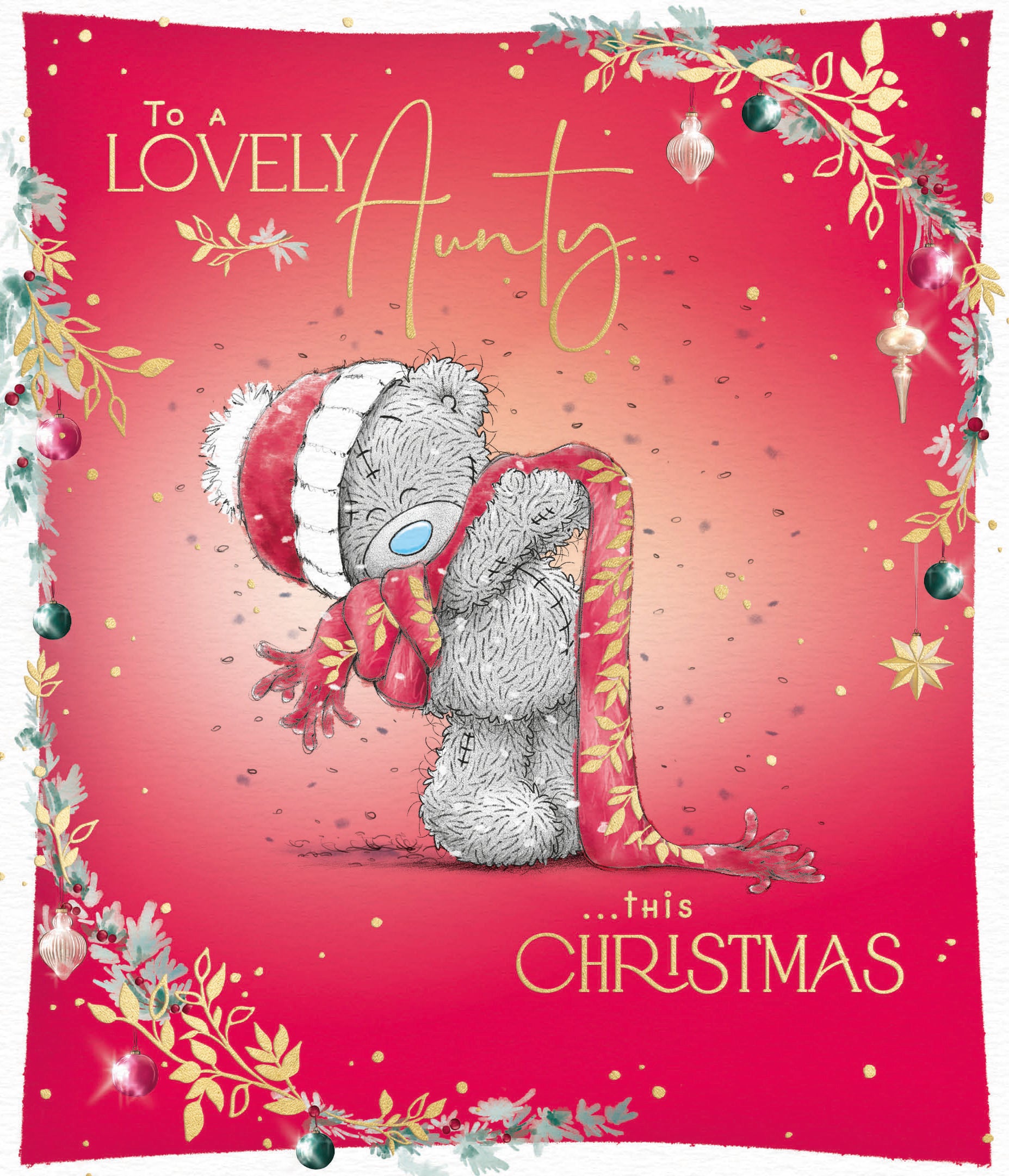 Me to You Tatty Teddy Christmas Card To A Lovely Aunty, Tatty Teddy Wrapped In A Cosy Red Scarf And Hat, 6 x 7 Inches - Official Collection