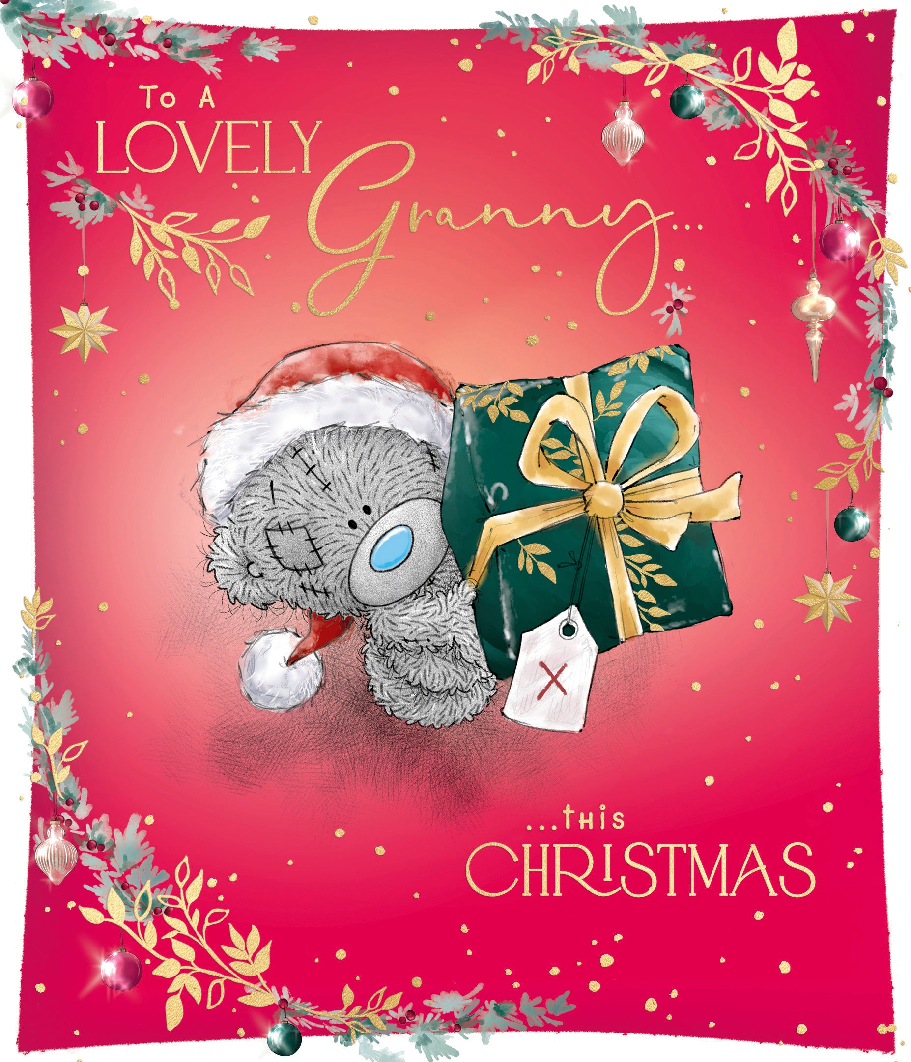 Me to You Tatty Teddy Christmas Card To A Lovely Granny, Tatty Teddy Holding Up A Present In A Snowy Scene, 6 x 7 Inches - Official Collection