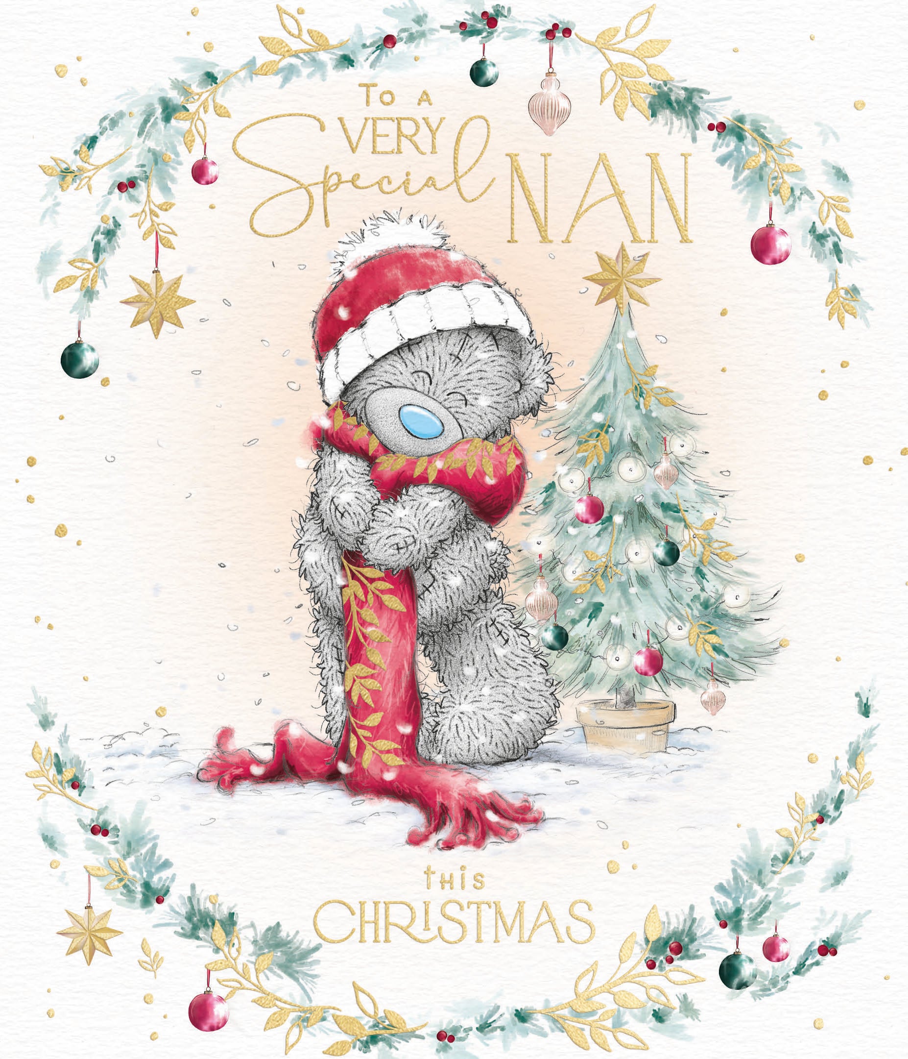 Me to You Tatty Teddy Christmas Card To A Very Special Nan, Tatty Teddy Wrapped In A Cosy Scarf In A Snowy Scene, 6 x 7 Inches - Official Collection