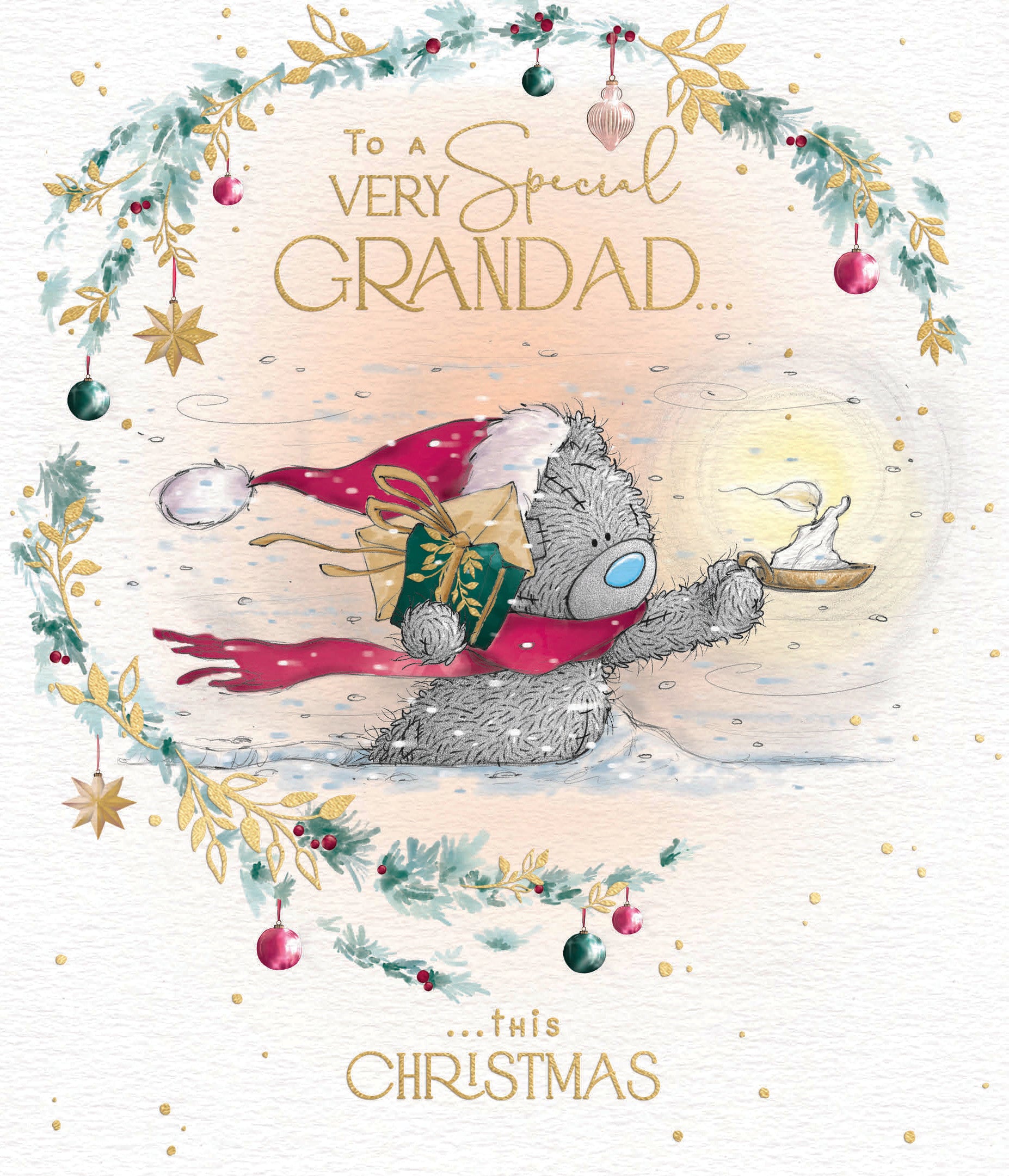 Me to You Tatty Teddy Christmas Card To A Special Grandad, Tatty Teddy In The Snow With A Candle, 6 x 7 Inches - Official Collection