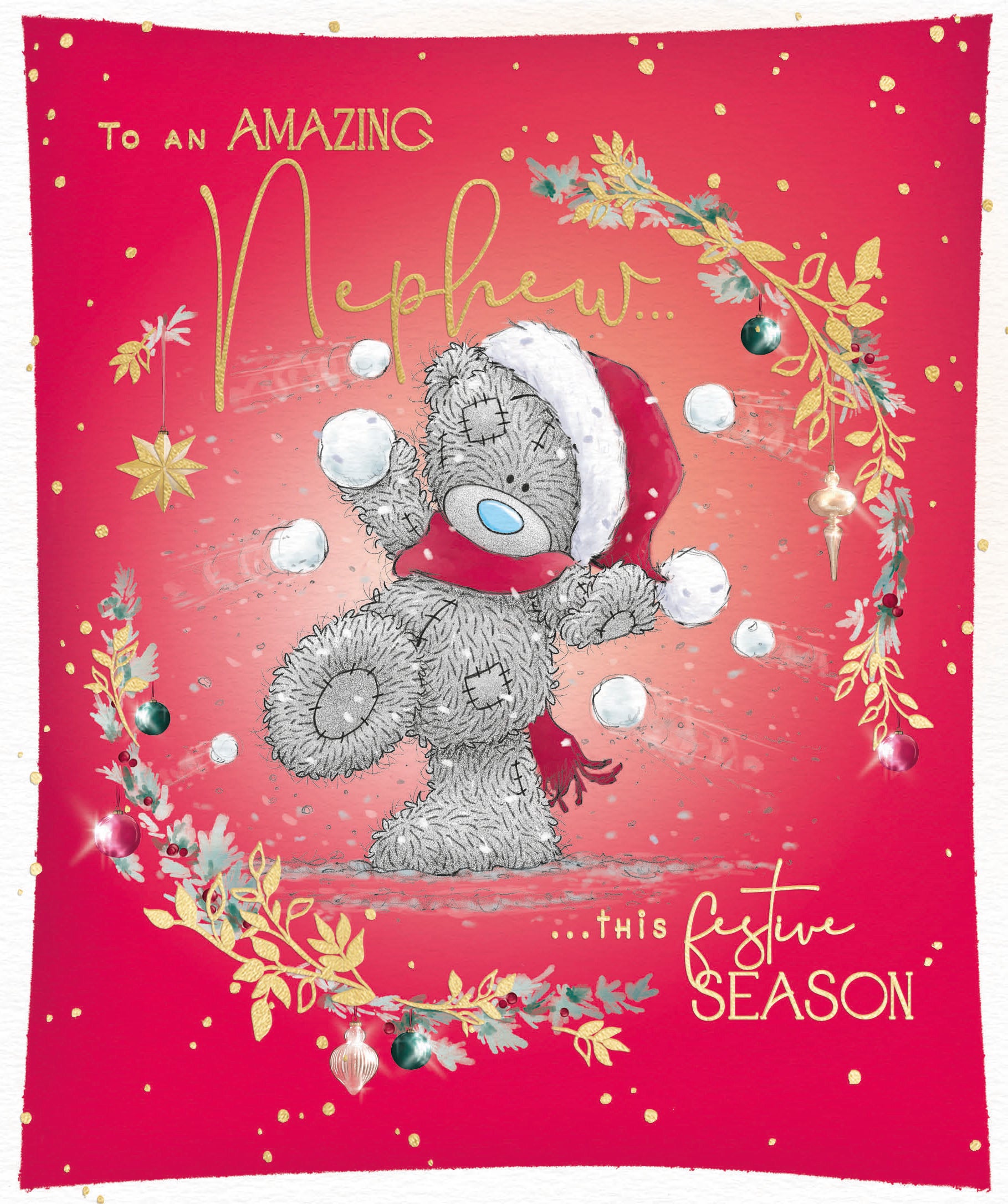 Me to You Tatty Teddy Christmas Card To An Amazing Nephew, Tatty Teddy Playing With A Snowball, 6 x 7 Inches - Official Collection
